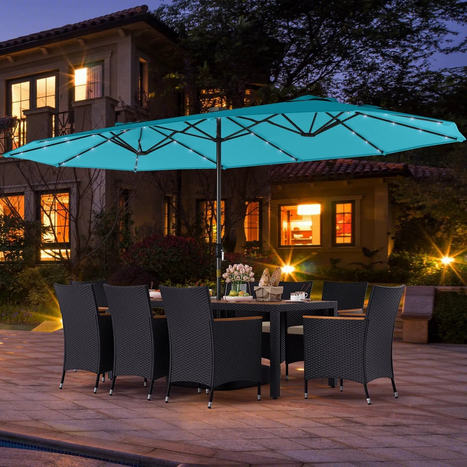 11 Pieces Patio Dining Set with LED Patio Umbrella with Base and Seat Cushions (Beige) by DirectDeals