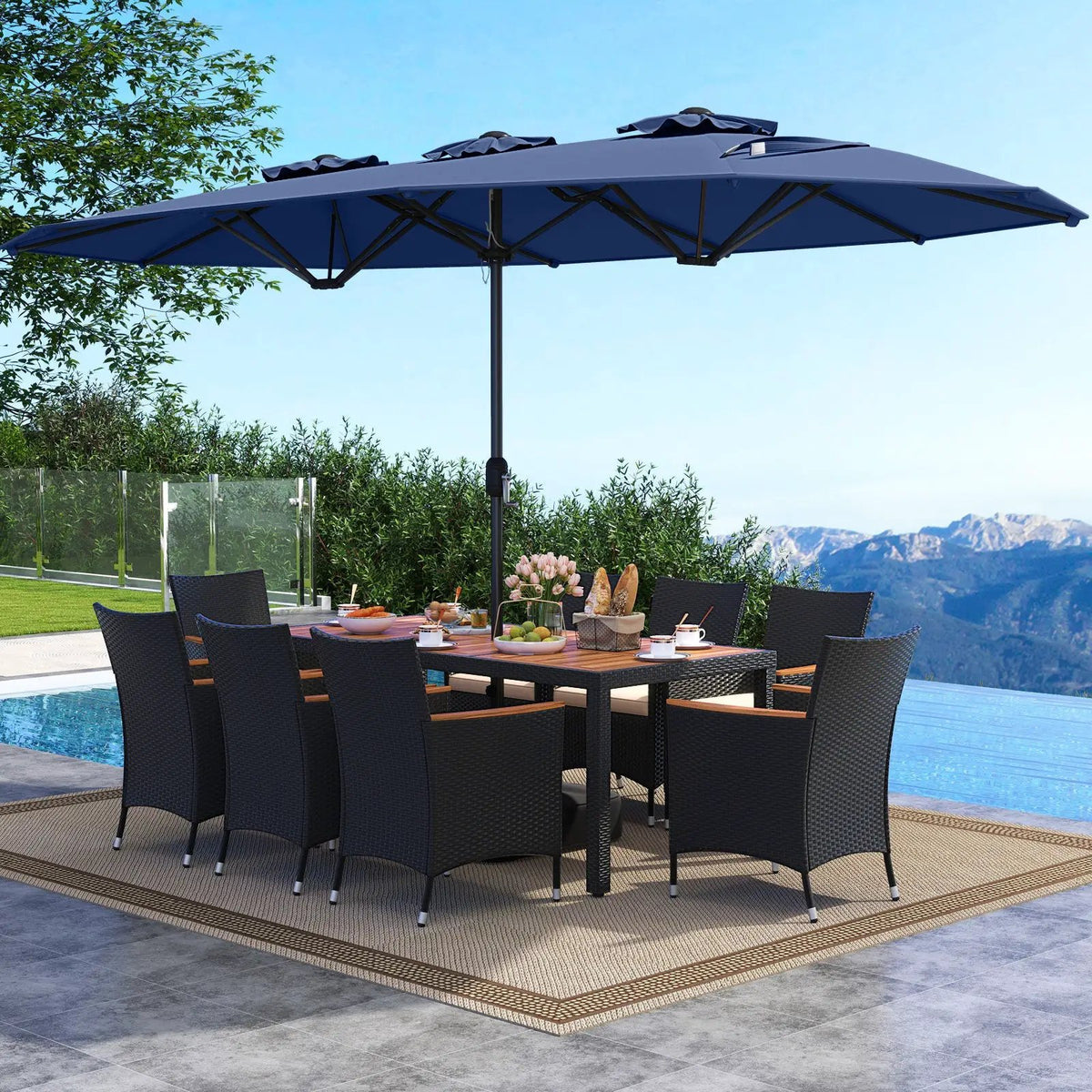 10 Piece Outdoor Dining Set with 15 Feet Double-Sided Twin Umbrella, photo 14 of 42