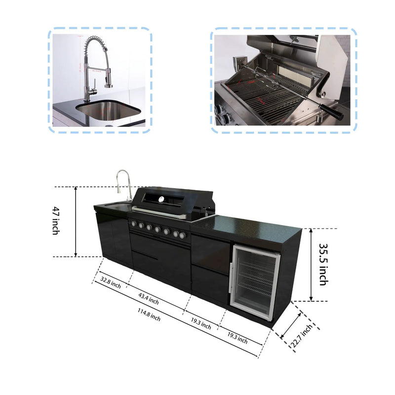 115" 6-Burner 85,000 Black Outdoor Kitchen Island Grill Rotisserie kit by Chery Industrial