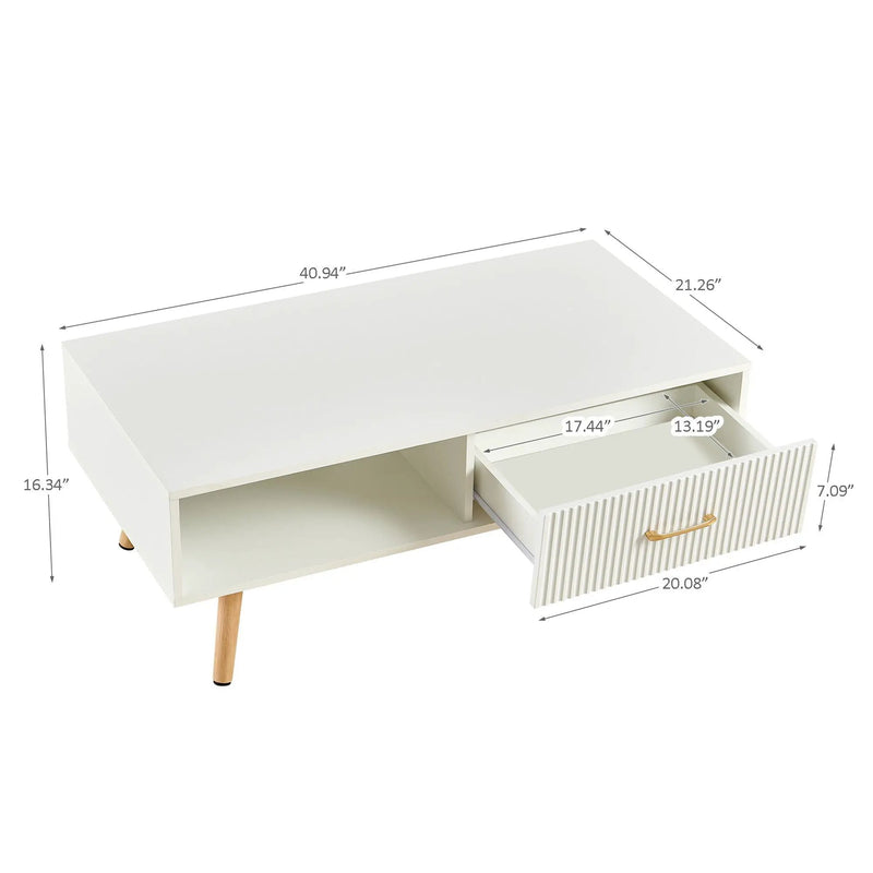 Modern Rectangle Coffee Table With Legs, Sliding Drawer For Storage - White by HouseOfZazla