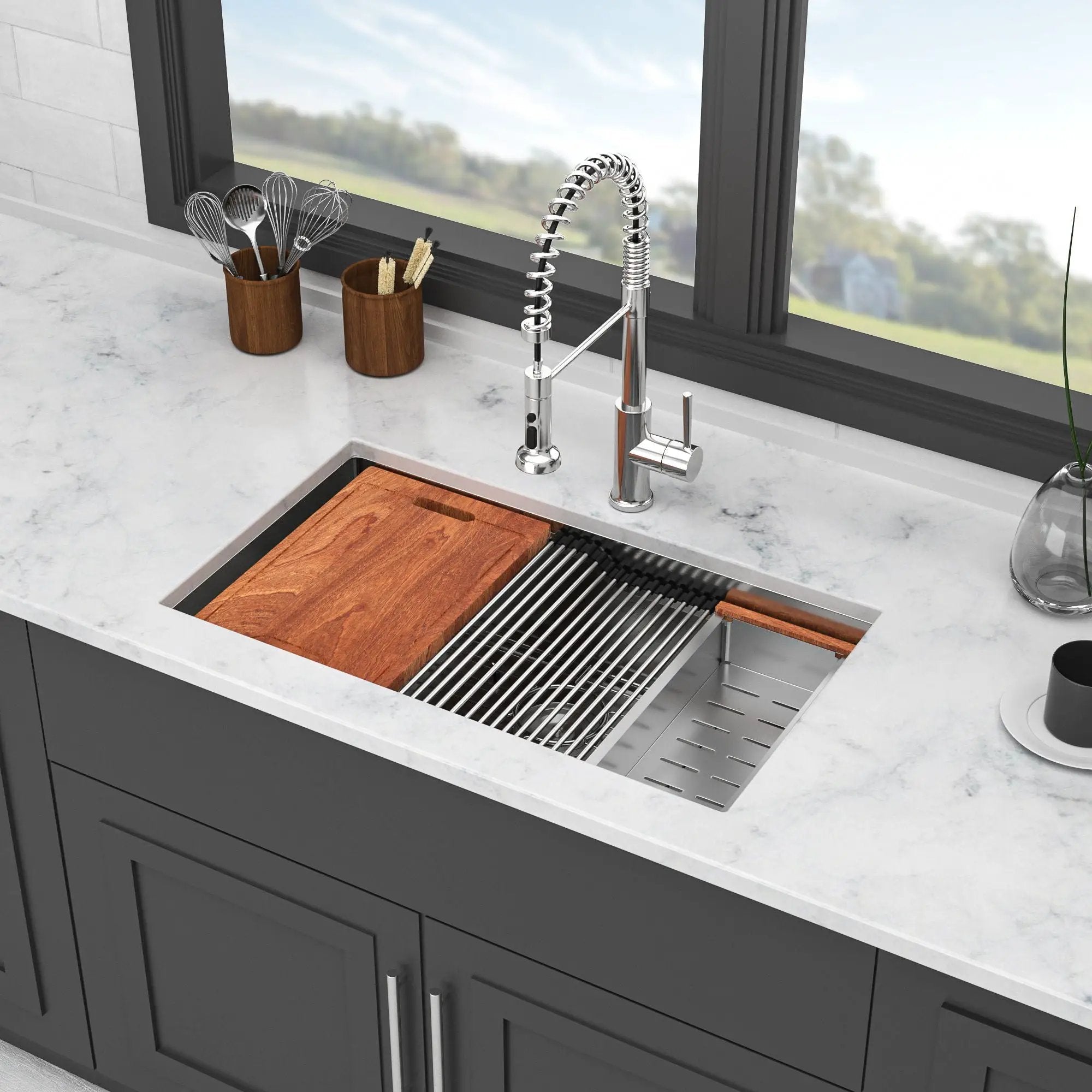 33" Undermount Kitchen Sink Single Bowl Ledge Workstation In 16 Gauge Stainless Steel - White by HouseOfZazla