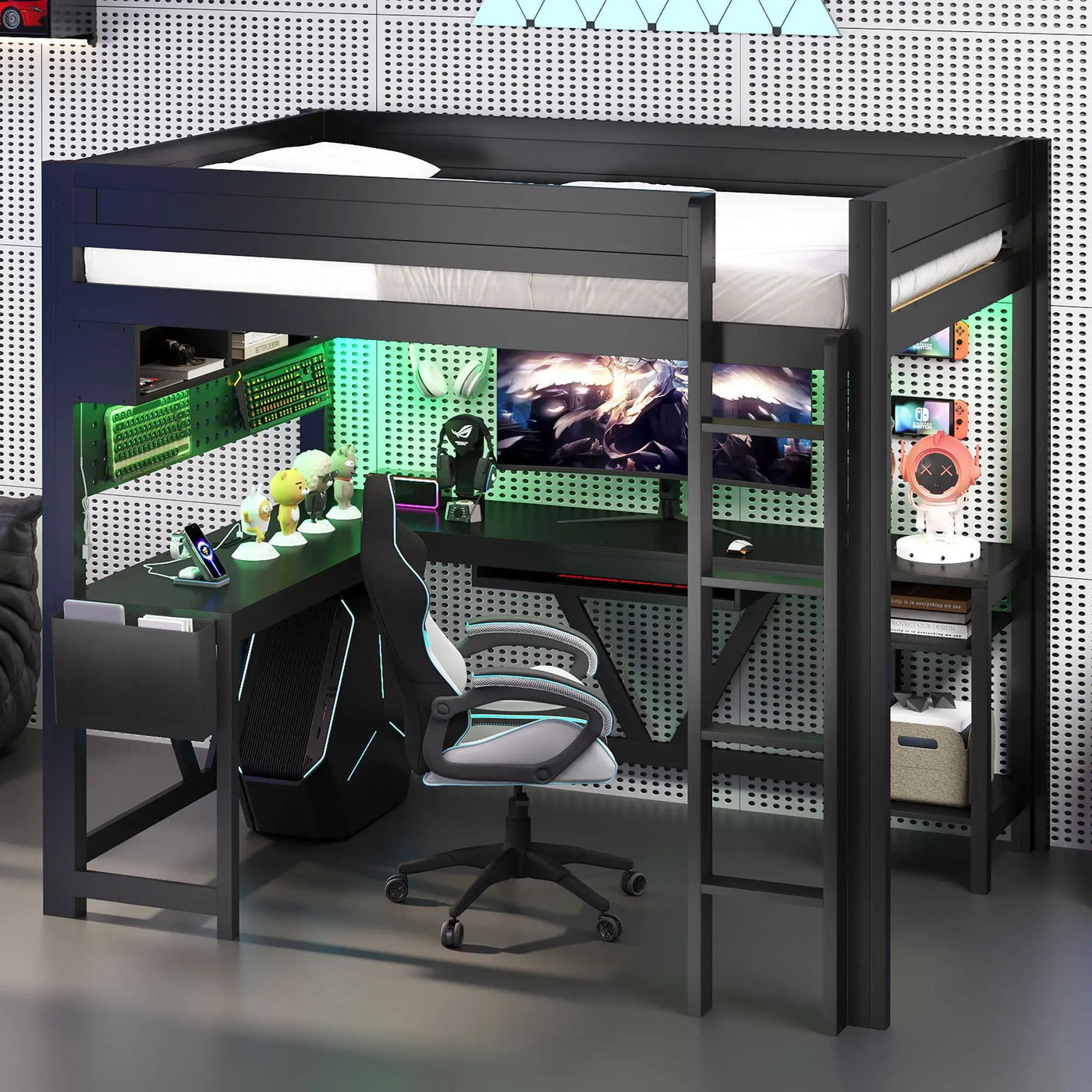 Gaming Loft Bed With Desk, Storage Shelves, LED And Charging Station by HouseOfZazla