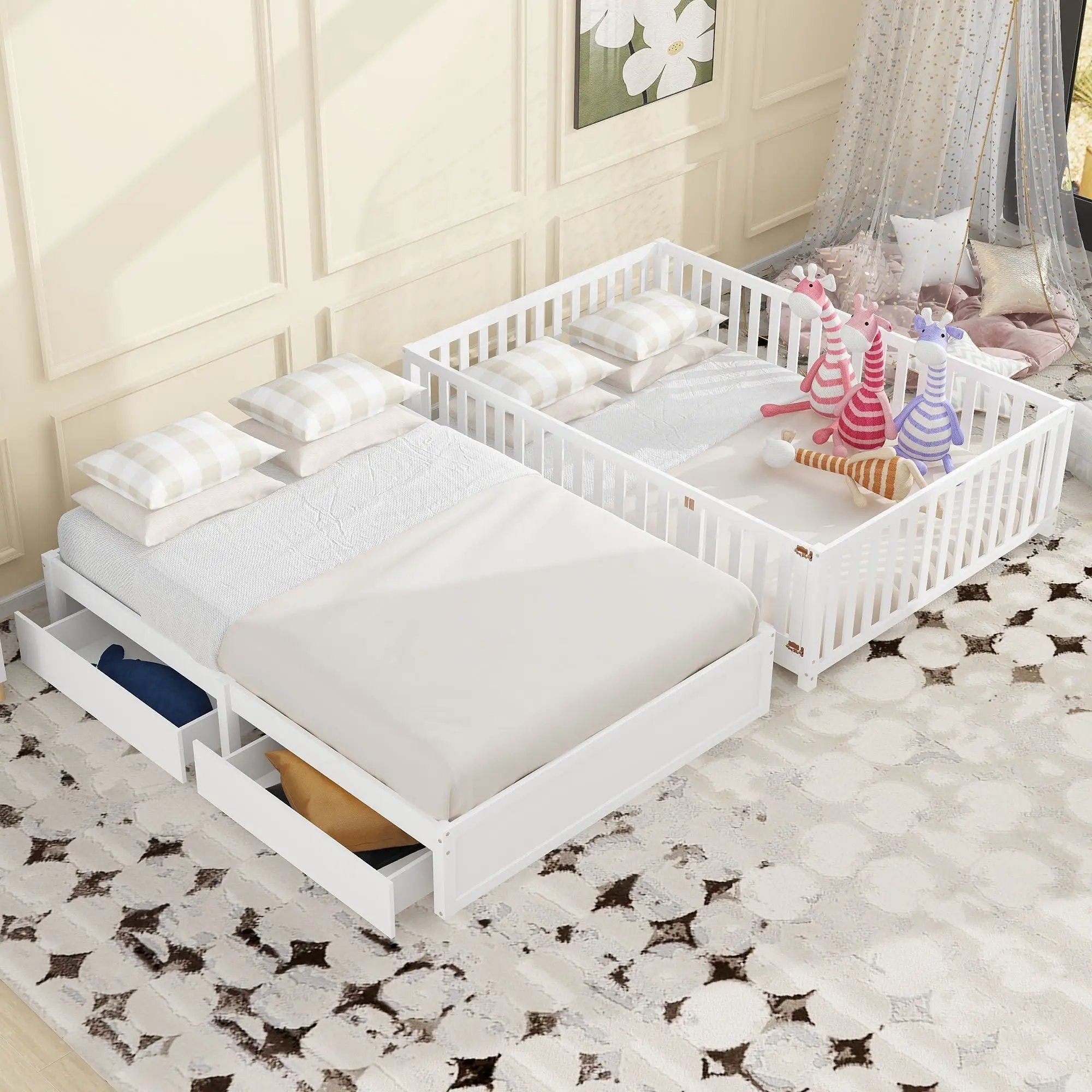 Daybed With Fence Guardrails And 2 Drawers, Split Into Independent Floor Bed & Daybed by HouseOfZazla
