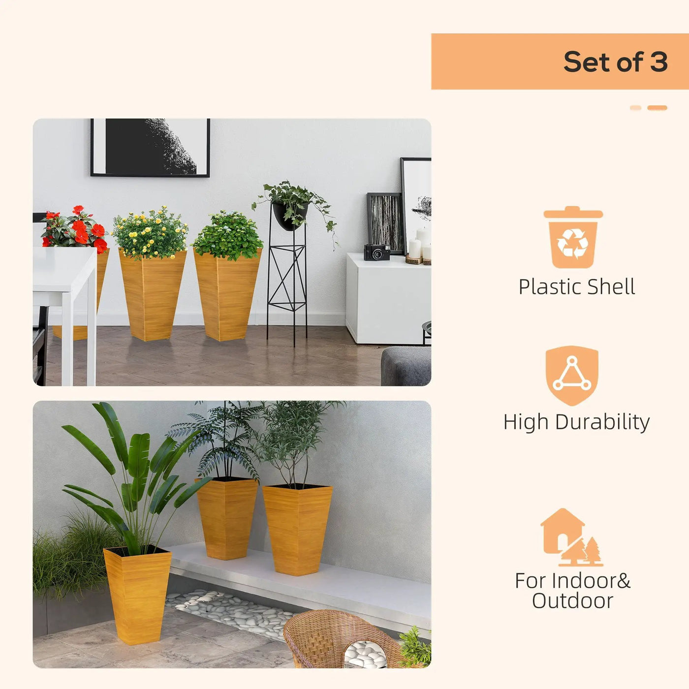 Outsunny - Outdoor Planters (Set of 3) Large Taper Planters With Drainage Holes And Plug, Faux Wood Plastic Flower Pots For Outdoor, Indoor, Garden, Patio by Unique Piece Furniture