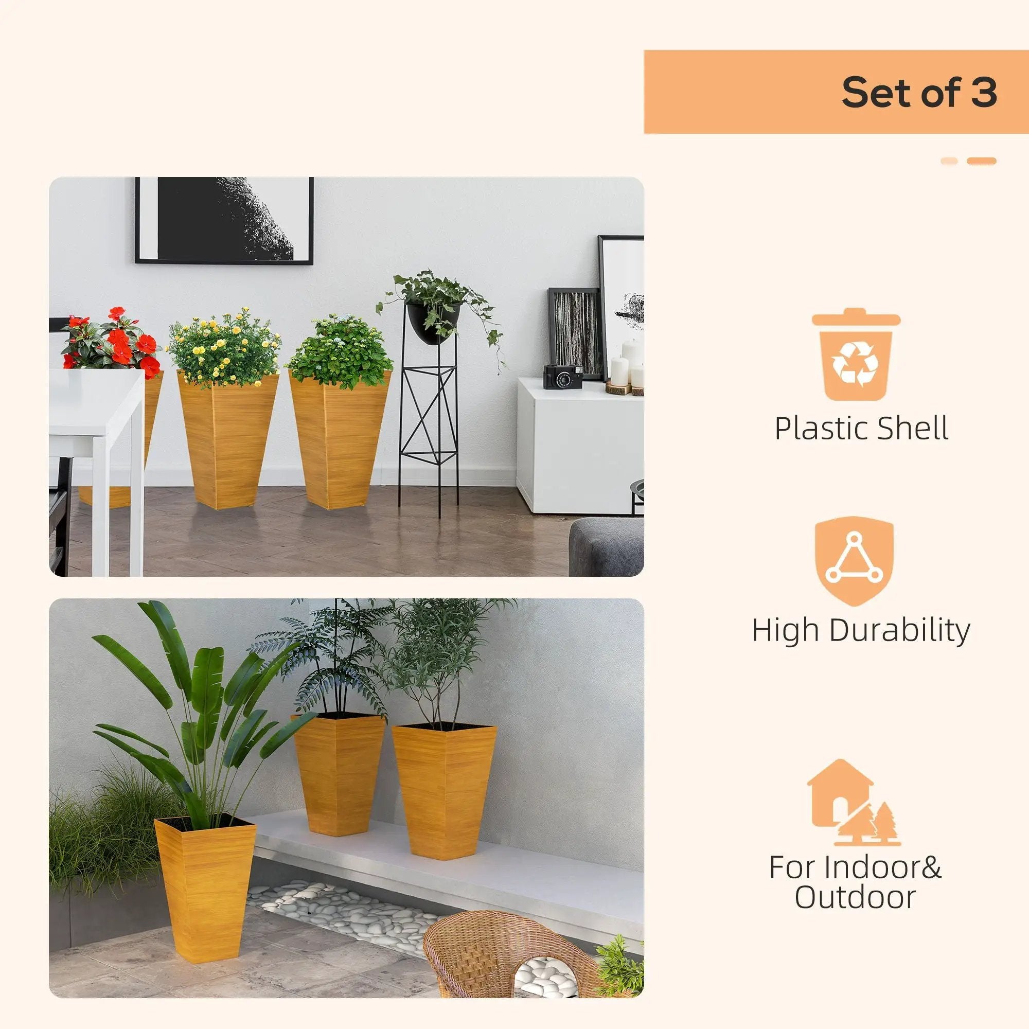 Outsunny - Outdoor Planters (Set of 3) Large Taper Planters With Drainage Holes And Plug, Faux Wood Plastic Flower Pots For Outdoor, Indoor, Garden, Patio by Unique Piece Furniture