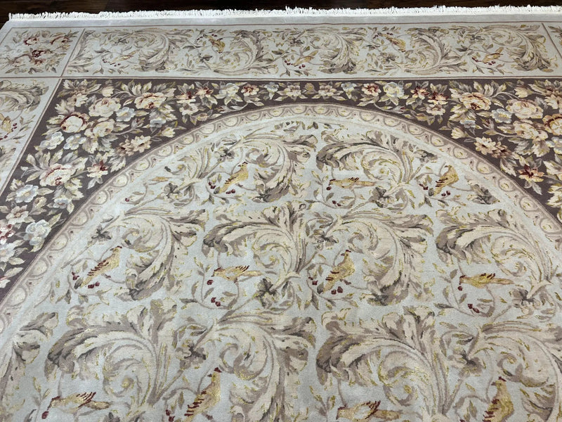Aubusson Rug 10x14, Wool & Silk Highlights Hand Knotted Vintage Carpet, Birds Flowers, Fine Details, Elegant by Jewel Rugs