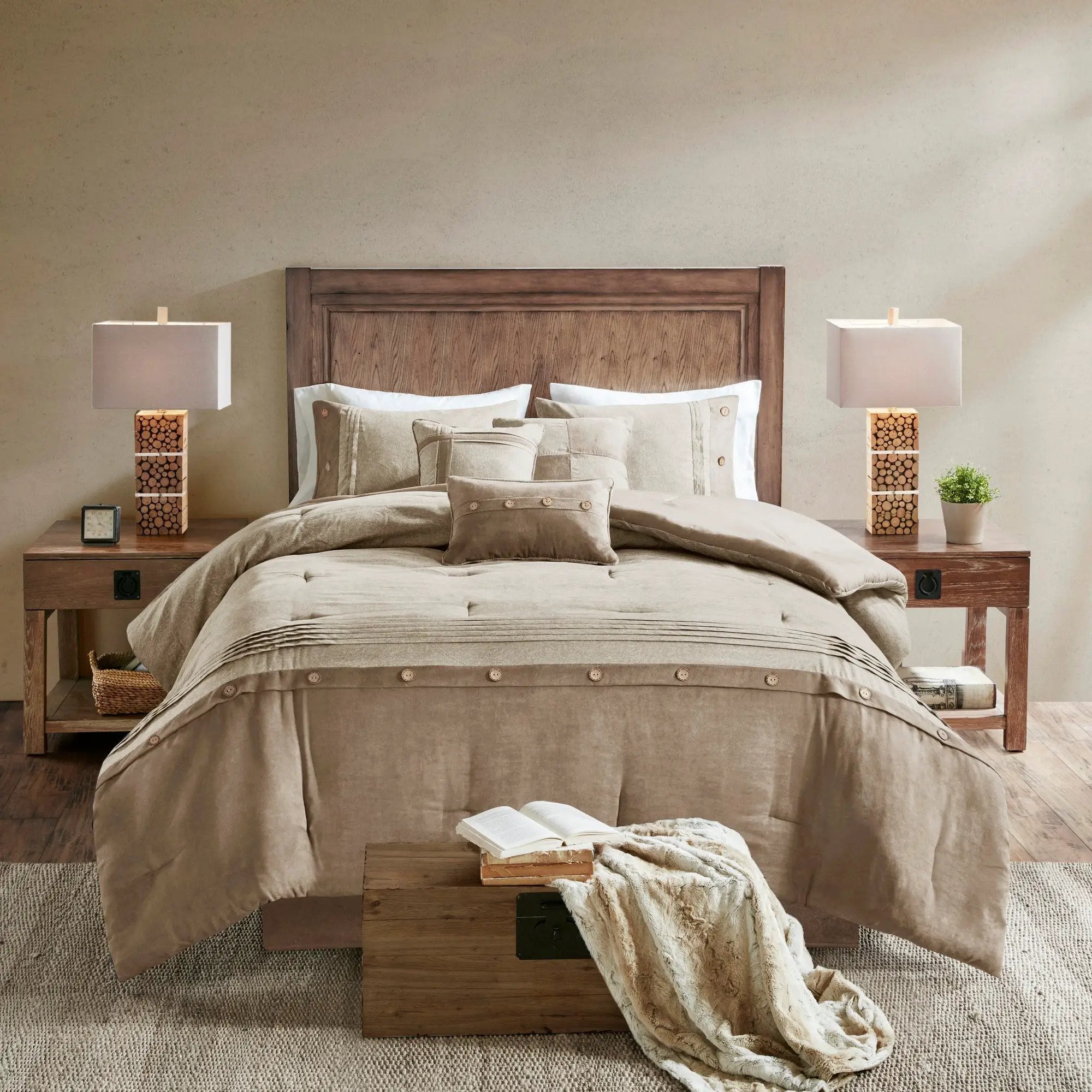 7 Piece Faux Suede Comforter Set Tan Queen by HouseOfZazla