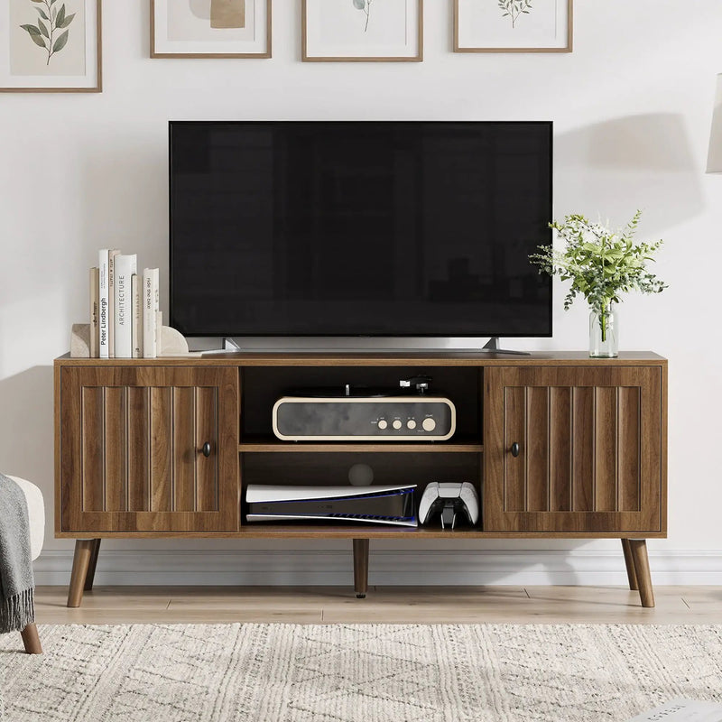 55" TV Cabinet With Vertical Groove Doors, Adjustable Shelves - Walnut by Unique Piece Furniture