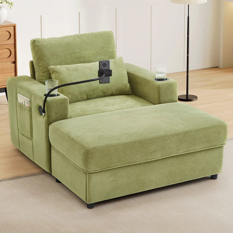 Modern Style Armchair Chaise Lounge Sofa Couch With Movable Storage Ottoman, USB Ports, Cup Holders, Phone Holder, Side Pockets by HouseOfZazla