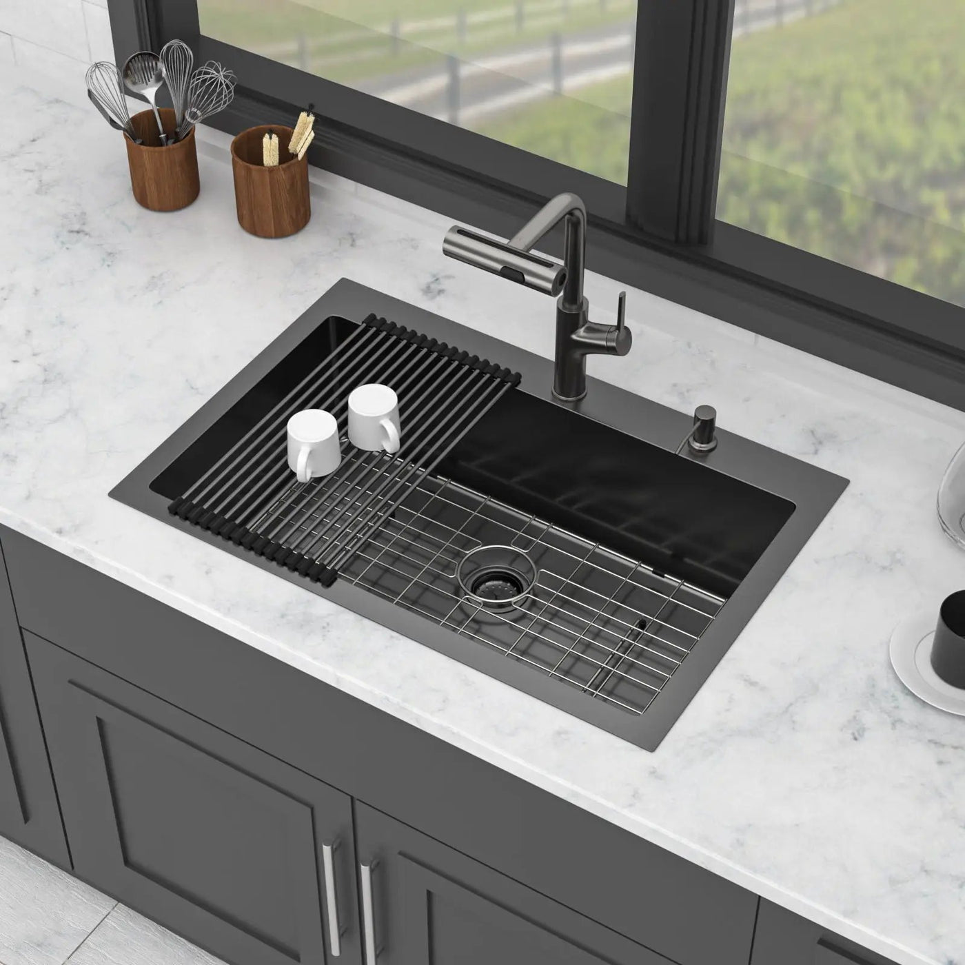 Drop-In Stainless Steel Kitchen Sink With Pull-Out Faucet And Soap Dispenser by HouseOfZazla