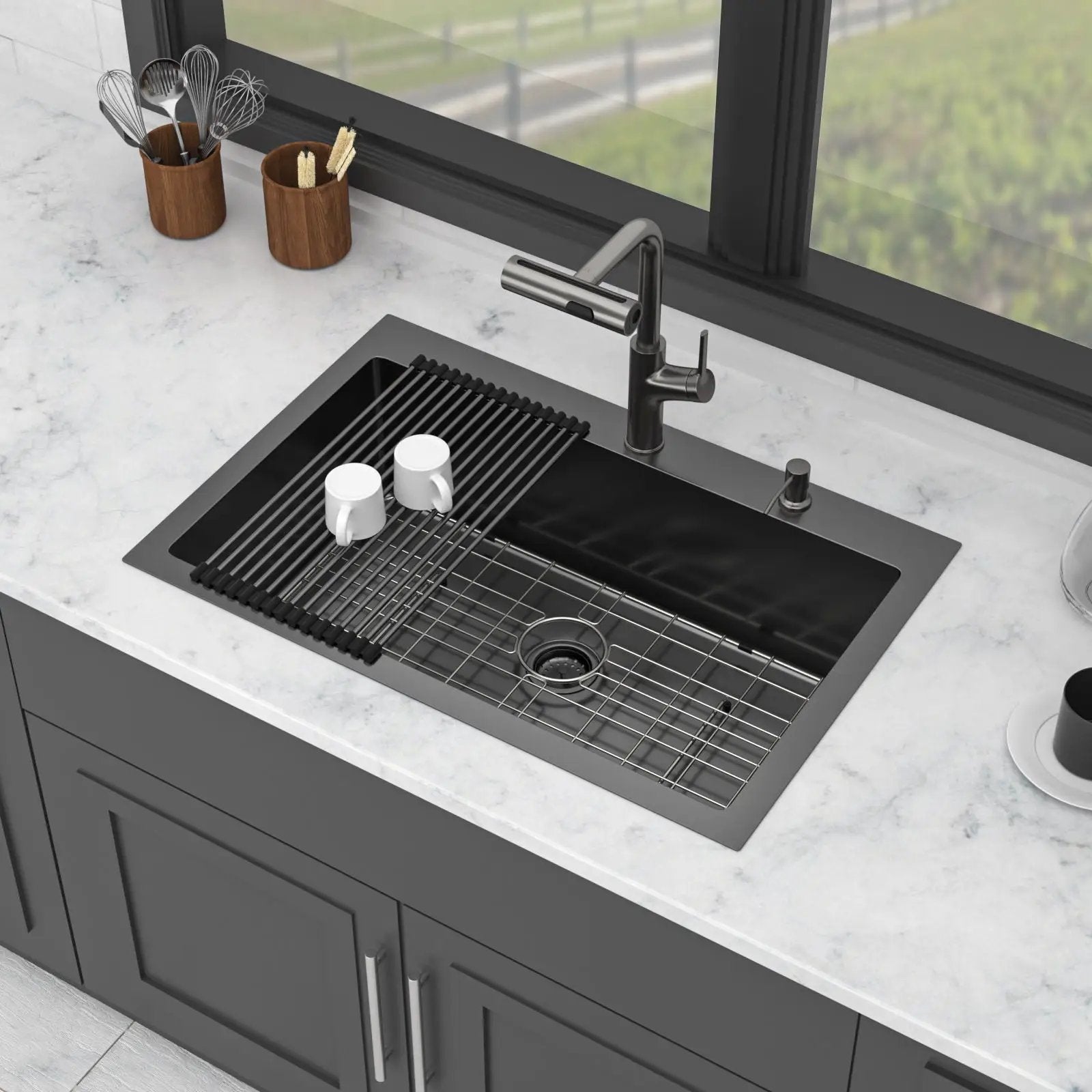 Drop-In Stainless Steel Kitchen Sink With Pull-Out Faucet And Soap Dispenser by HouseOfZazla