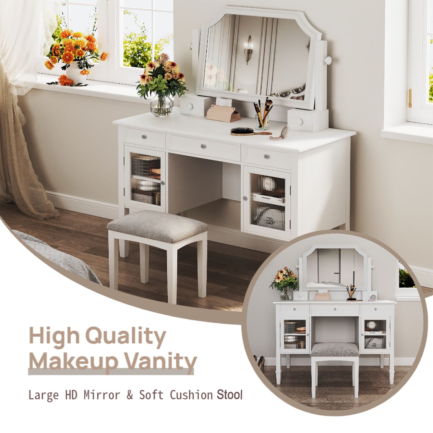 Elegant Makeup Vanity Desk With Adjustable Mirror And Storage And Construction - White by HouseOfZazla