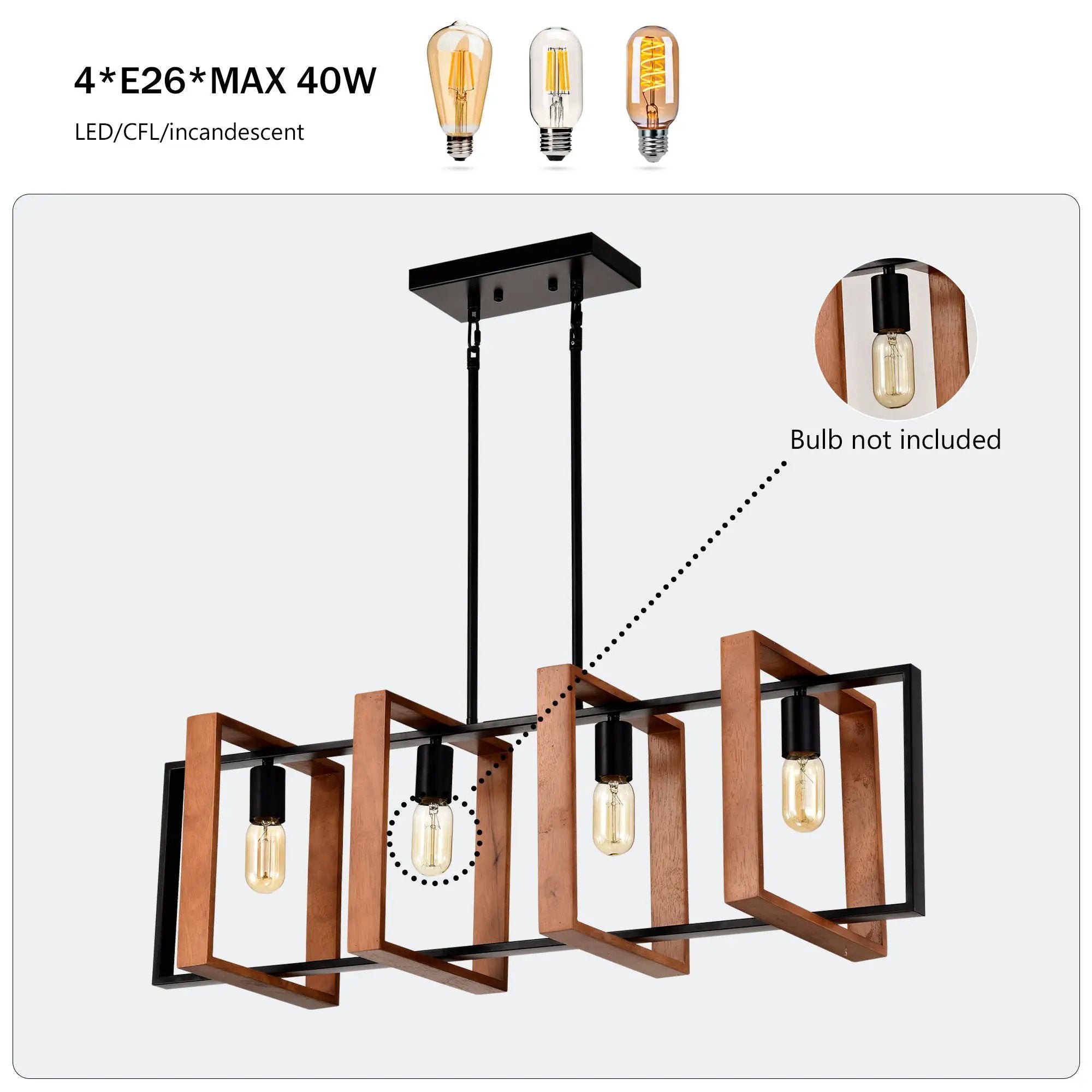 4 Light Kitchen Island Lights Pendant Light Farmhouse Dining Room Light Fixture, Rectangular Chandelier, 36" Hanging Lighting For Living Room, Conference Room, Home Office - Matte Black by HouseOfZazla