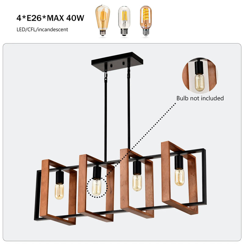 4 Light Kitchen Island Lights Pendant Light Farmhouse Dining Room Light Fixture, Rectangular Chandelier, 36" Hanging Lighting For Living Room, Conference Room, Home Office - Matte Black by HouseOfZazla