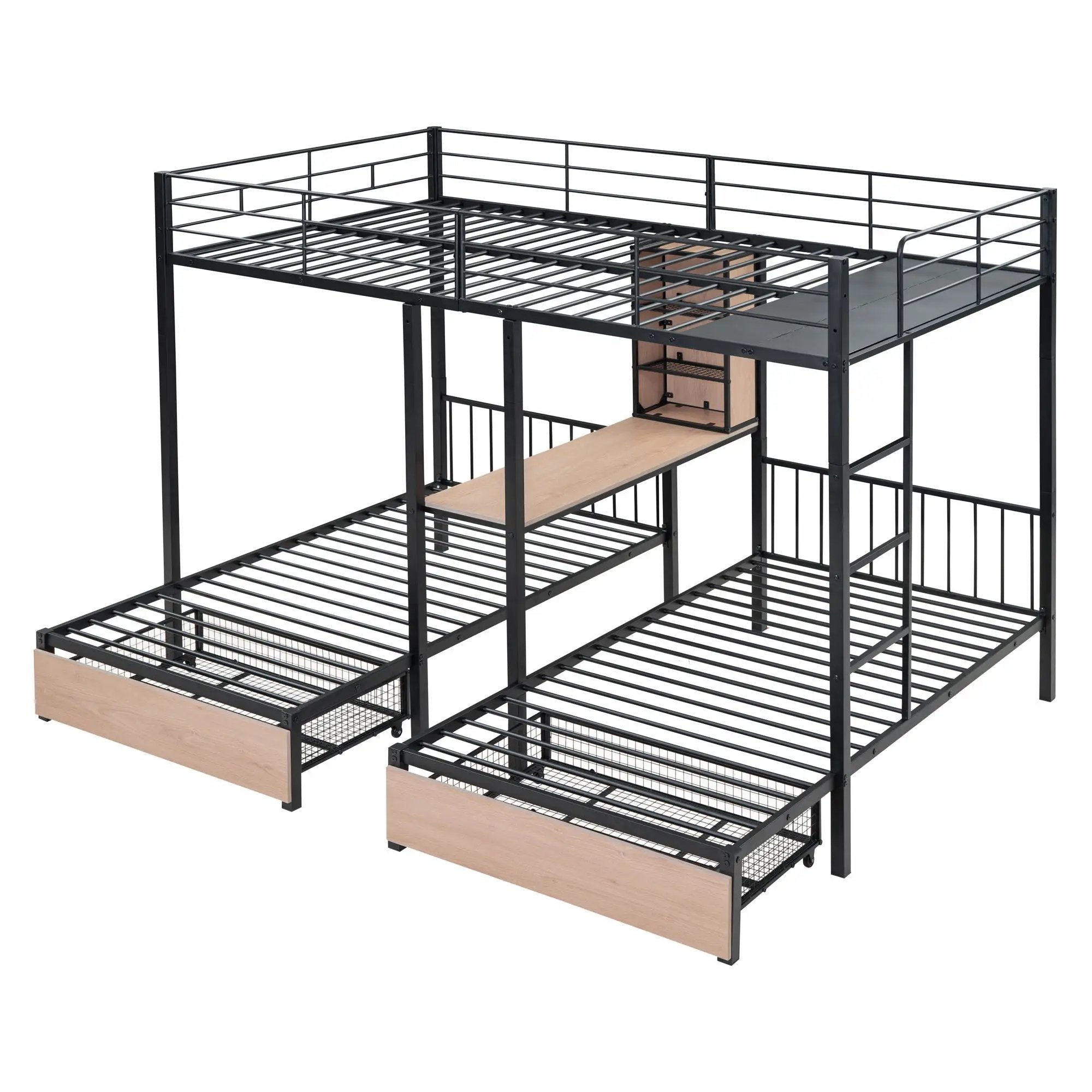 Triple Bunk Bed With Drawers, Multi-Functional Frame With Desks And Shelves In The Middle by HouseOfZazla