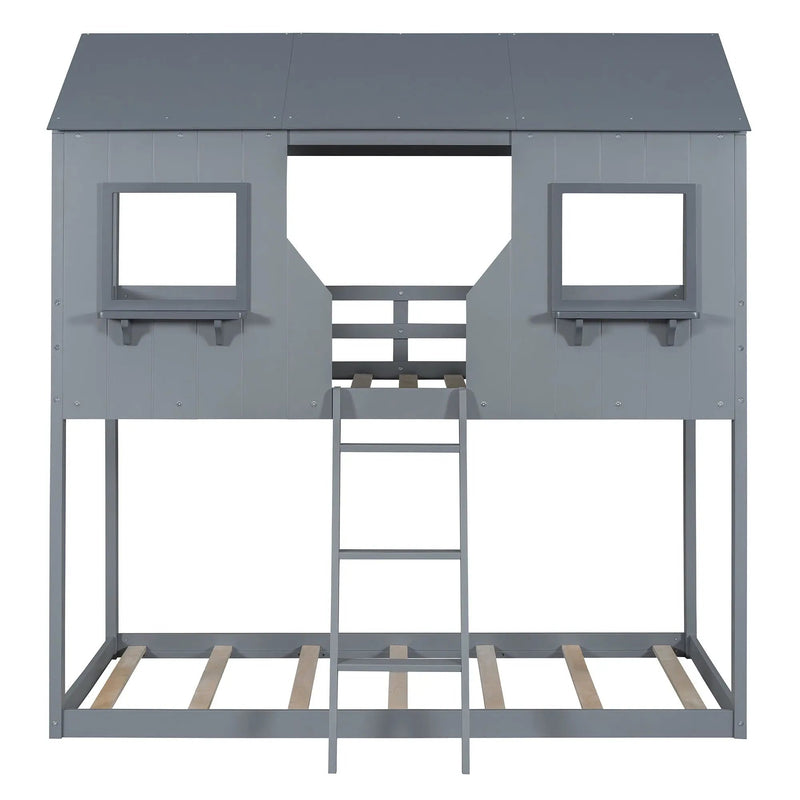 Twin Over Twin Bunk Bed With Roof, Window, Guardrail, Ladder by HouseOfZazla