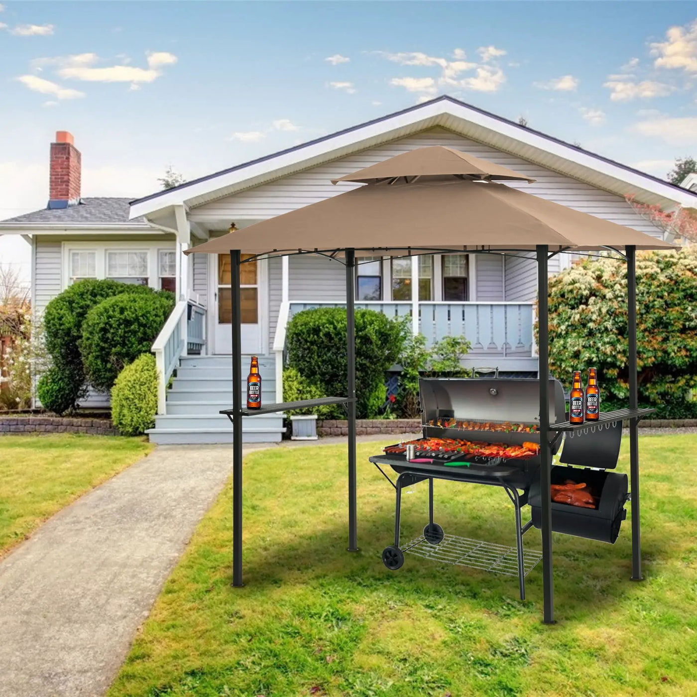 Outdoor Grill Gazebo With Double Tier Soft Top Canopy, Steel Frame, Bar Counters & Hook by HouseOfZazla