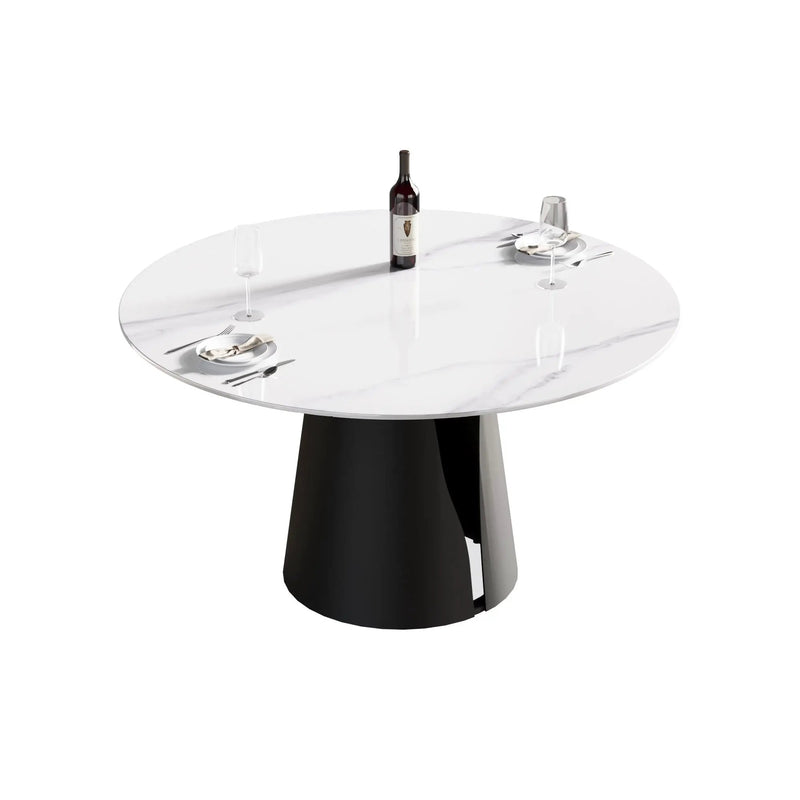 53.15" Modern Artificial Stone Round Carbon Steel Base Dining Table, Can Accommodate 6 People - White / Black by Unique Piece Furniture