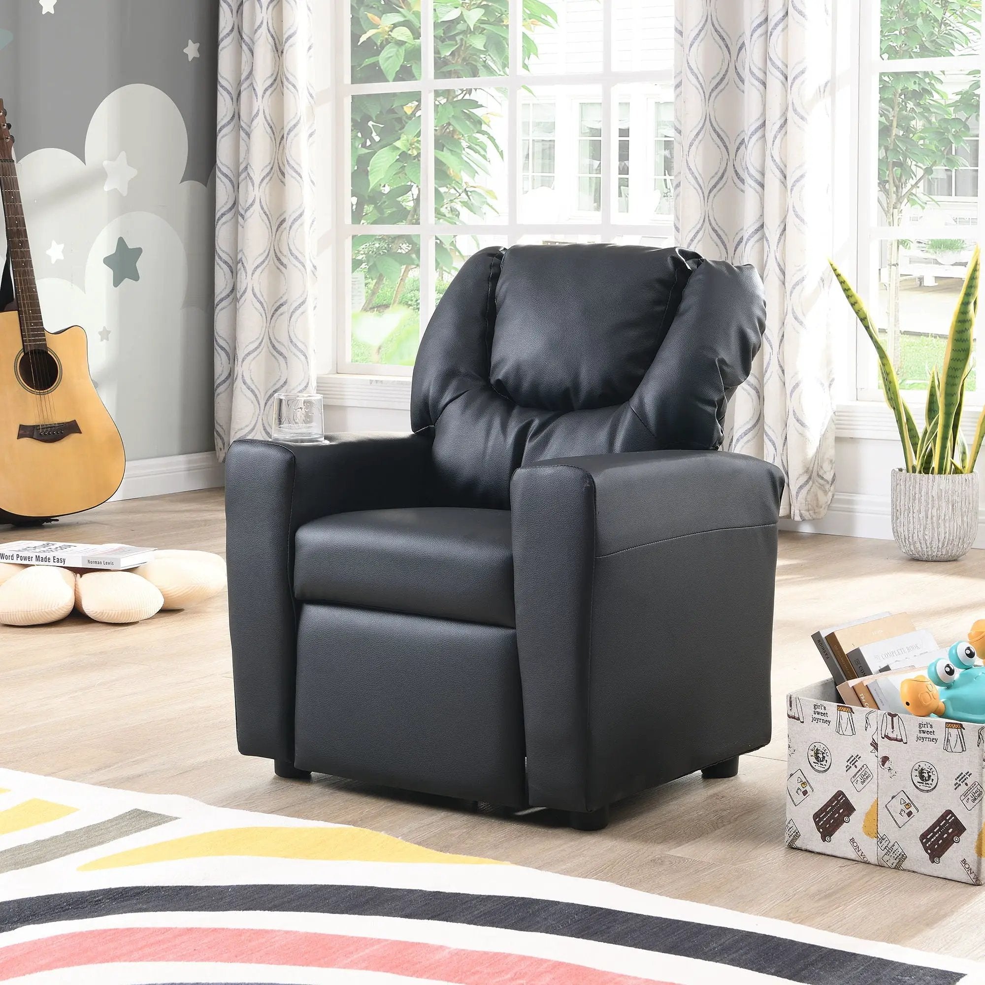 Sally Deluxe Kids Recliner Chair With Cup Holder - Black by HouseOfZazla