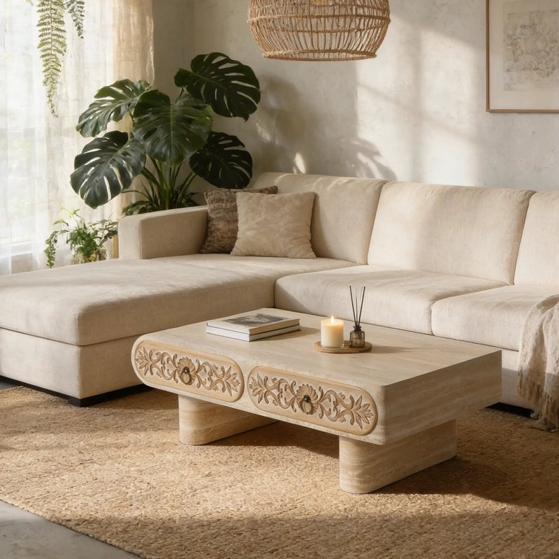 Rounded Edge Coffee Table with Flower Pattern Solid Wood Drawer by HouseOfZazla