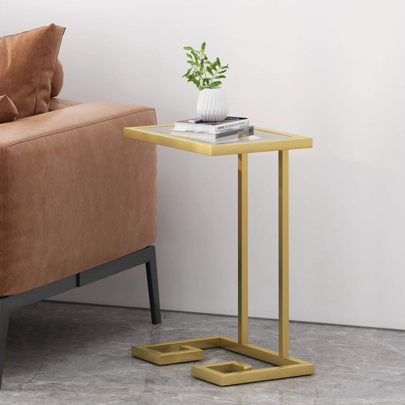 Modern Glam C Shaped End Table With Tempered Glass Top - Gold by HouseOfZazla