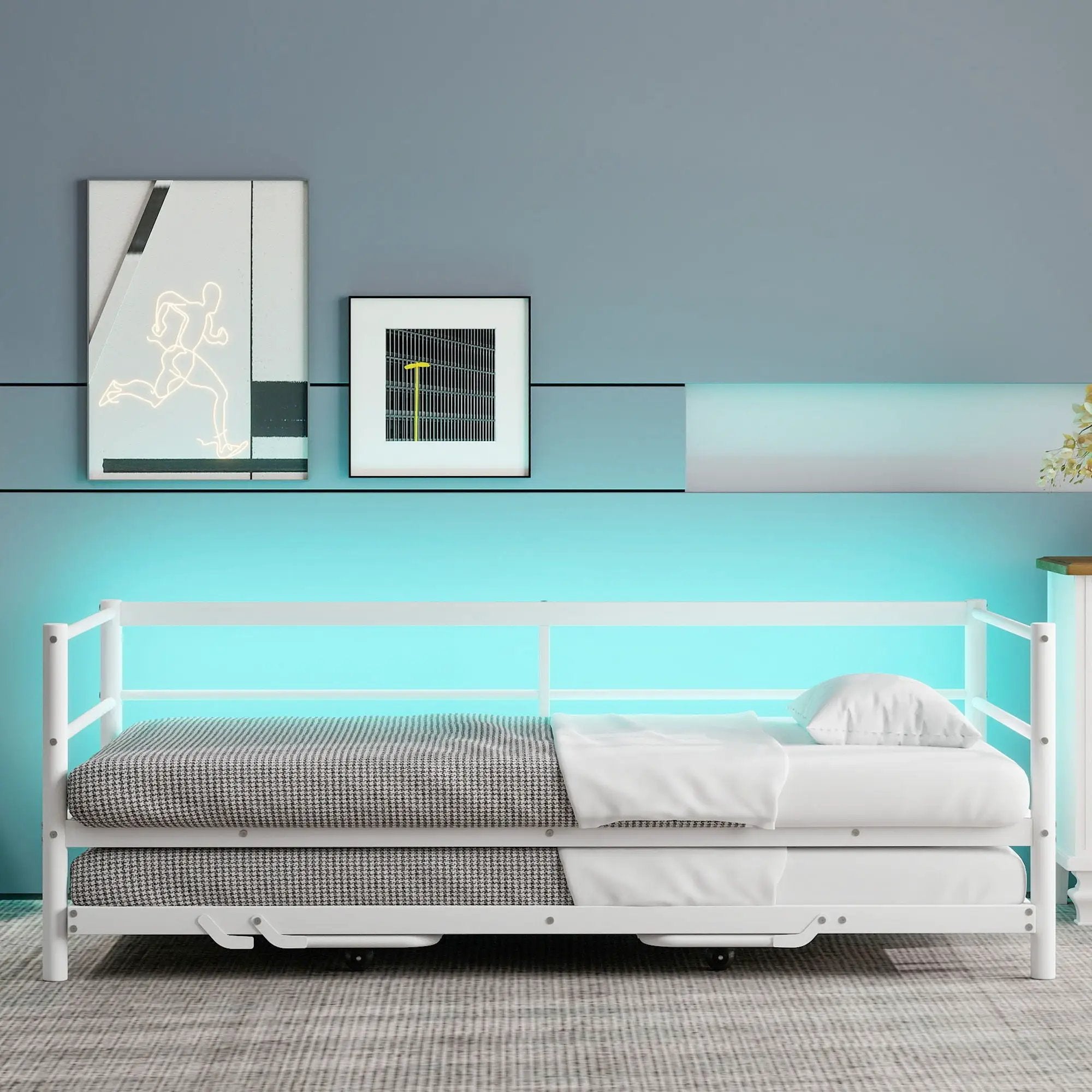 Industrial Metal Daybed With Adjustable Pop Up Trundle And LED Strip by Unique Piece Furniture