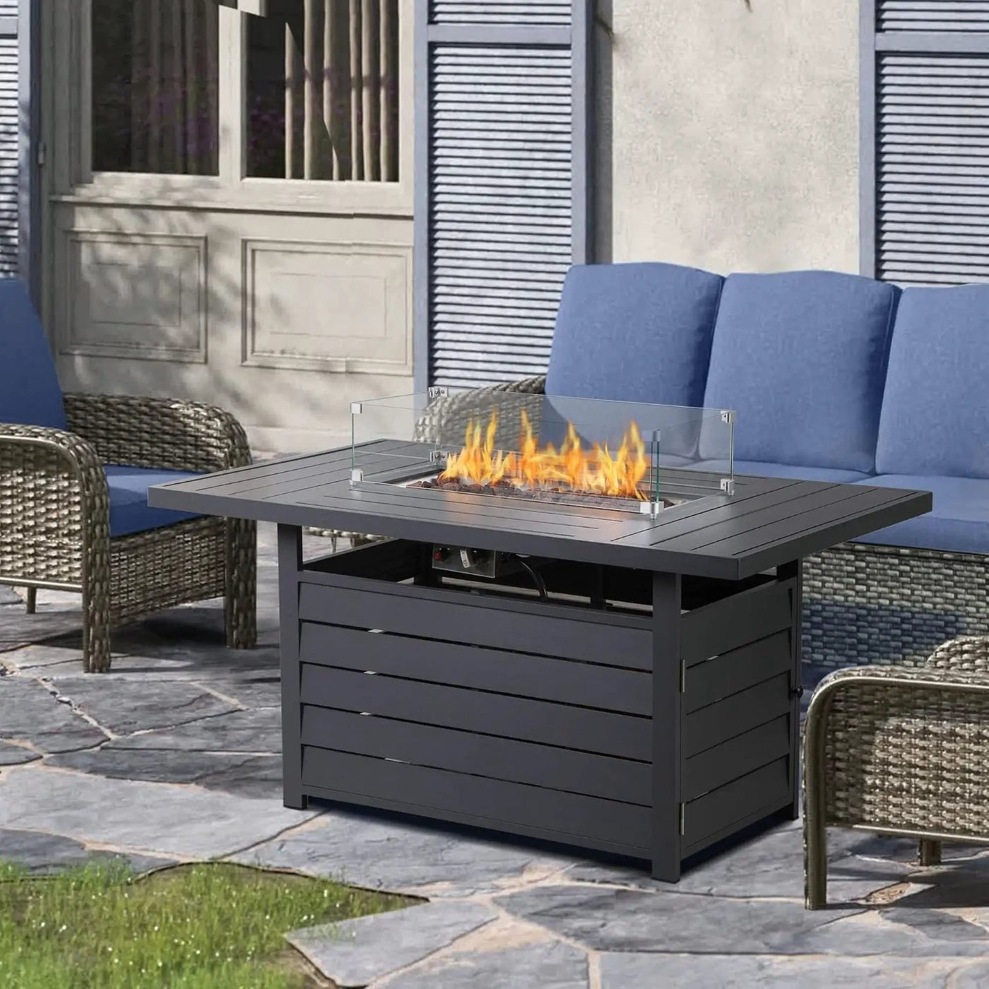 Rectangular Propane Fire Pit Table With Burner, Lava Rock, Waterproof Cover by HouseOfZazla