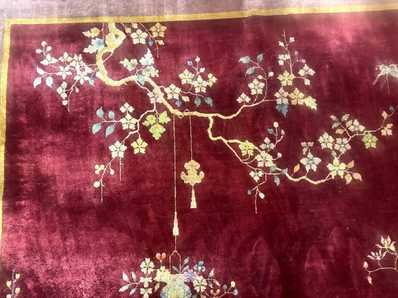 Red Chinese Art Deco Rug 9x11, Simple Design, Wool Chinese Area Rug, Antique by Jewel Rugs