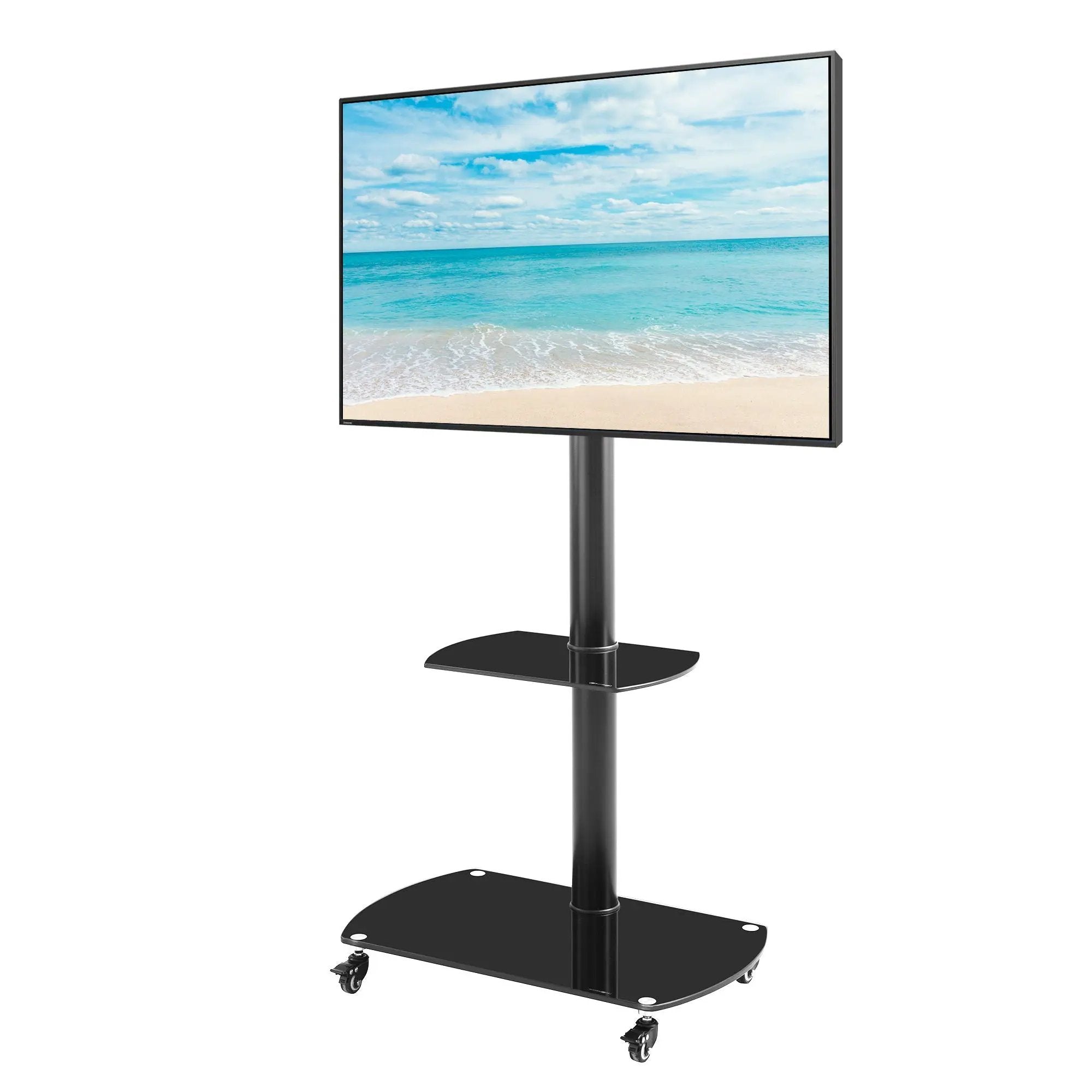 Height And Angle Adjustable Multi-Function Tempered Glass Metal Frame Floor With Lockable Wheels Mobile TV Stand, Lcd / Plasma TV Bracket 2 Tier Tempered Glass Shelves For Multiple Media Devices - Black by HouseOfZazla