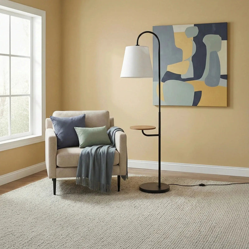 Seoul - Floor Lamp With Rotary Switch Wood Table Base - Black / White by Unique Piece Furniture