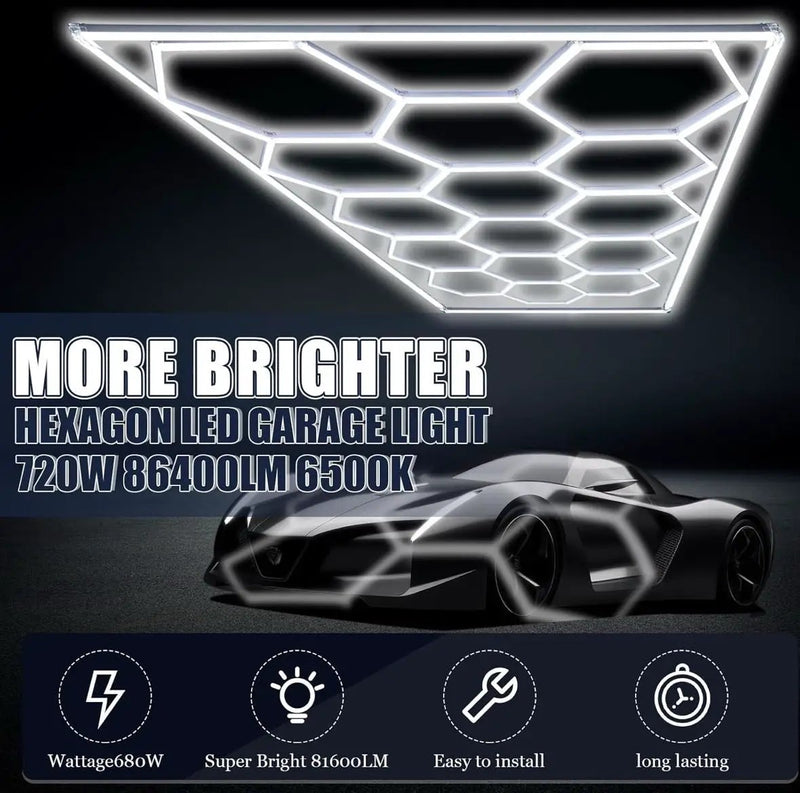 Open Box Baquler 15 Hexagon LED Garage Light System Honeycomb LED Shop Lights with White Border for Garage Workshop Car Detailing Shop Exhibition Hall by Selzalot