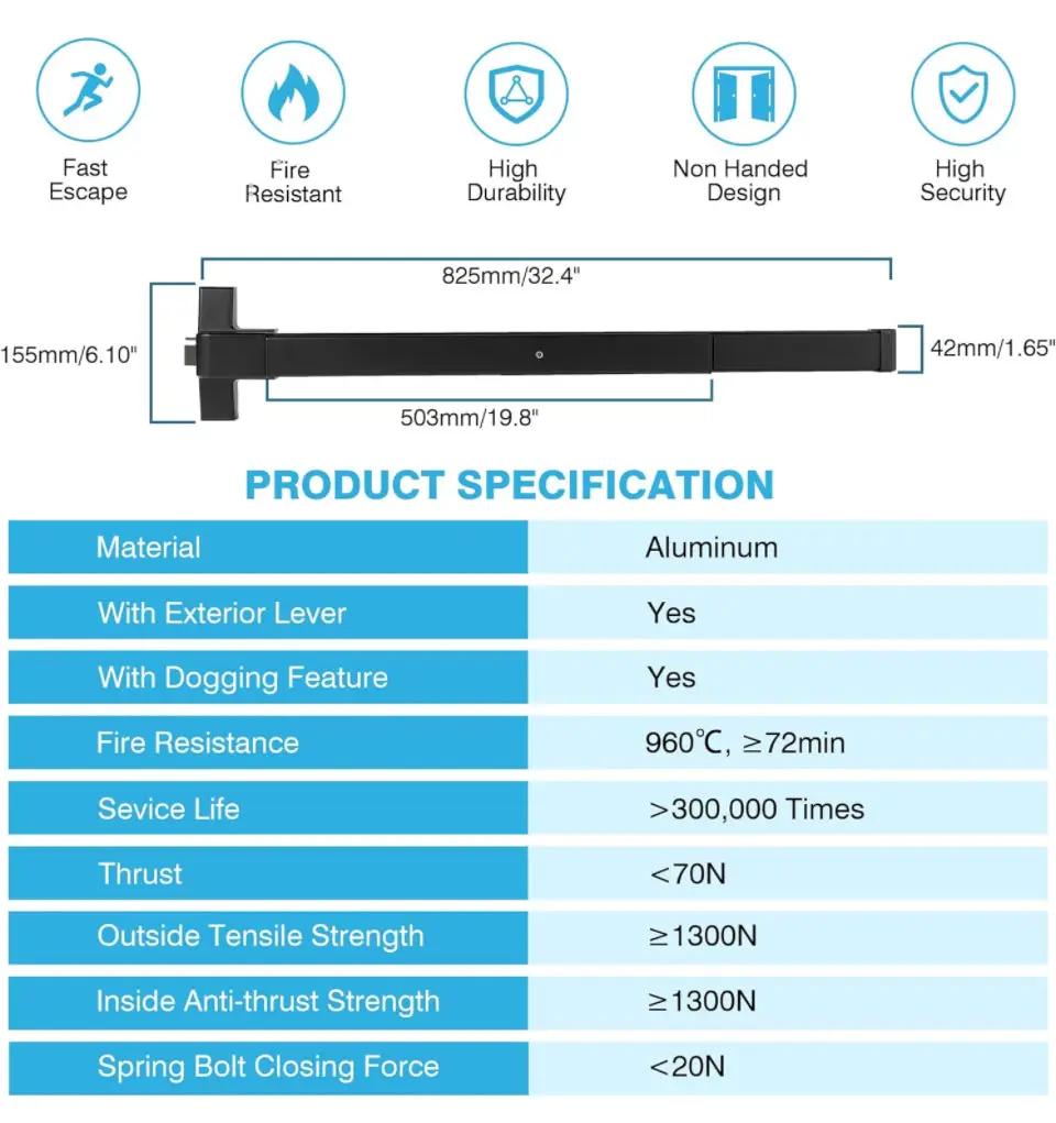 IRONWALLS Door Push Bar Panic Exit Device Aluminum with Handle Lever, Black 32" Commercial Push Panic Bars for Emergency Exit Doors, Heavy Duty Panic by Selzalot