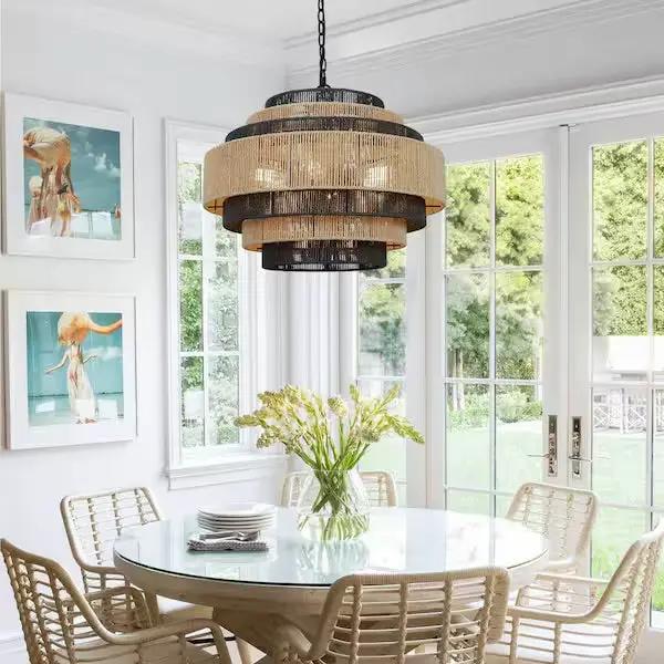 Open Box Prime Ray Luster Boho 24 in. 6-Light 7-Tier Hand Woven Rattan Pendant Chandelier Light with Large Shade and Black Finish by Selzalot