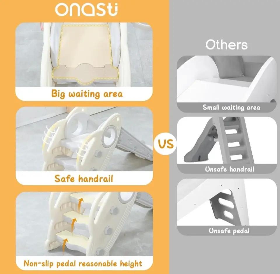Open Box Onasti Kids Slide for Toddlers Age 1-3 Indoor Baby Plastic Slide Outdoor Climber Freestanding Playset with Basketball Hoop & Ring Game Grey by Selzalot
