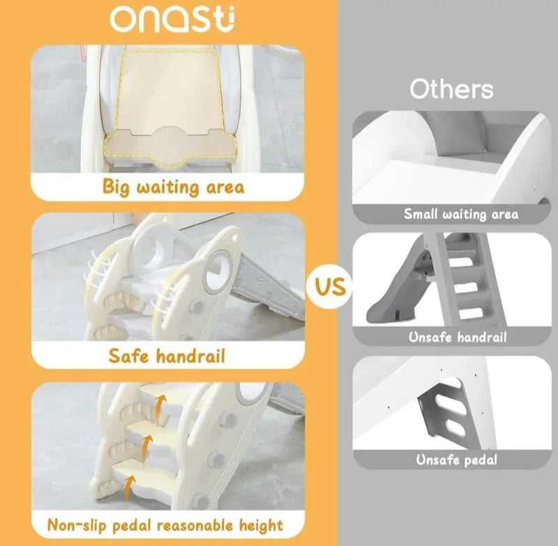 Open Box Onasti Kids Slide for Toddlers Age 1-3 Indoor Baby Plastic Slide Outdoor Climber Freestanding Playset with Basketball Hoop & Ring Game Grey by Selzalot