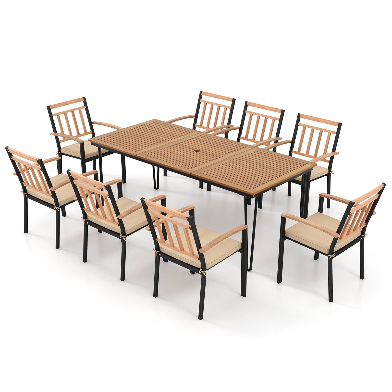 9-Piece Patio Dining Set 35.5 Inch Acacia Wood Table with Umbrella Hole and 24-Inch Wide Chairs by DirectDeals