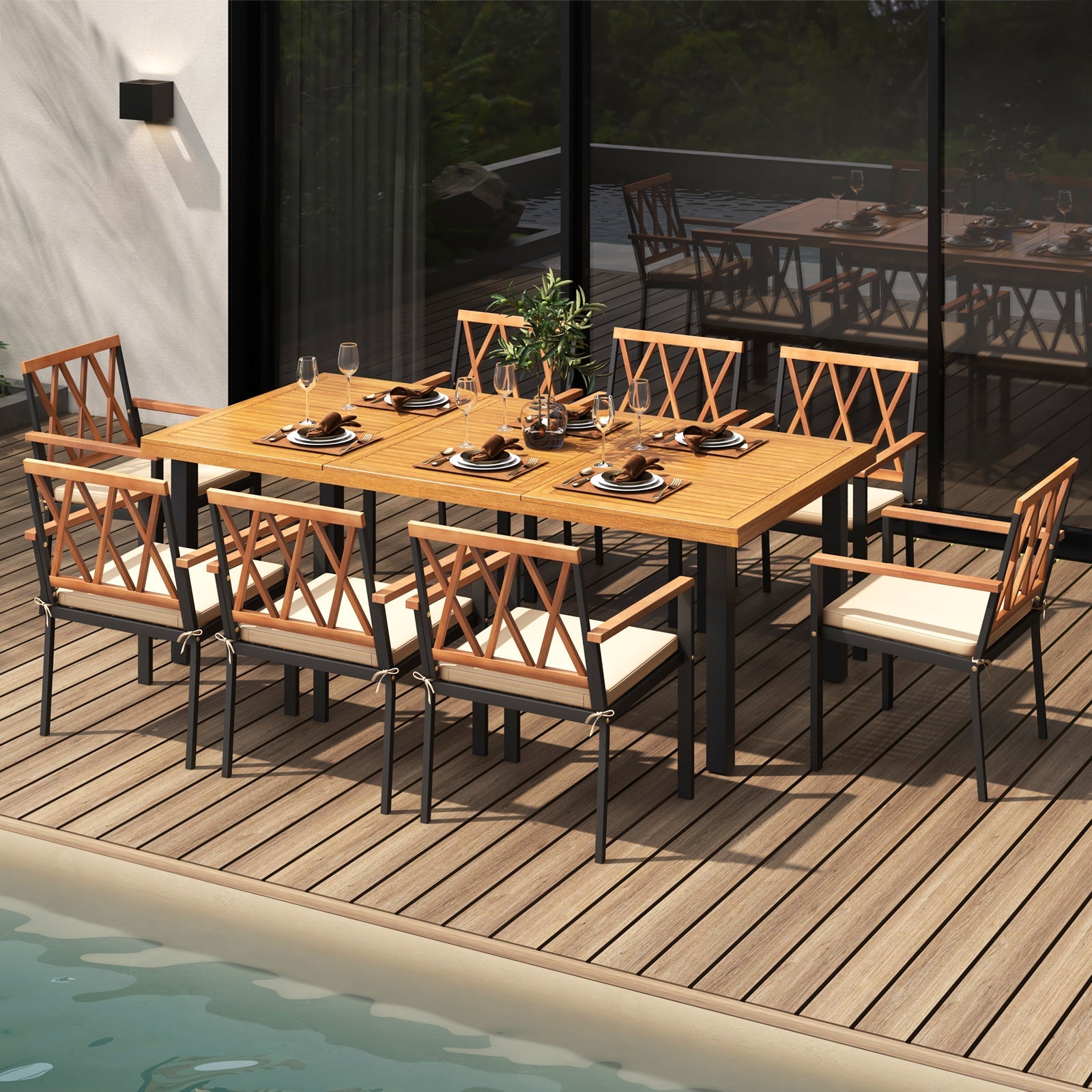 9 Pieces Patio Dining Set 39.5 Inch Acacia Wood Table with Umbrella Hole and 22.5-Inch Wide Chairs by DirectDeals