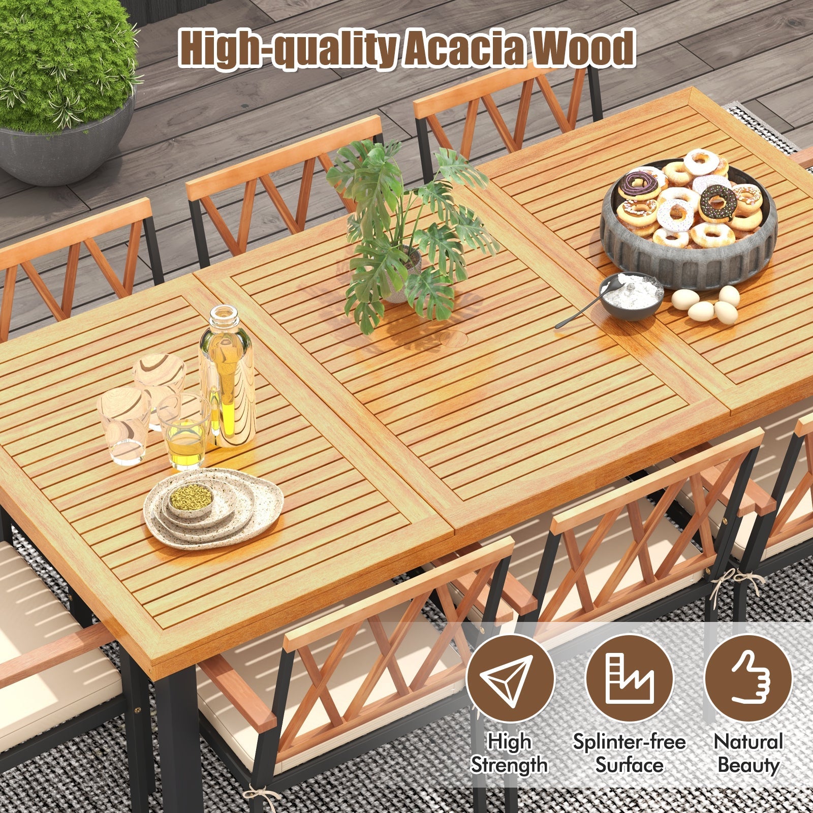 9 Pieces Patio Dining Set 39.5 Inch Acacia Wood Table with Umbrella Hole and 22.5-Inch Wide Chairs by DirectDeals