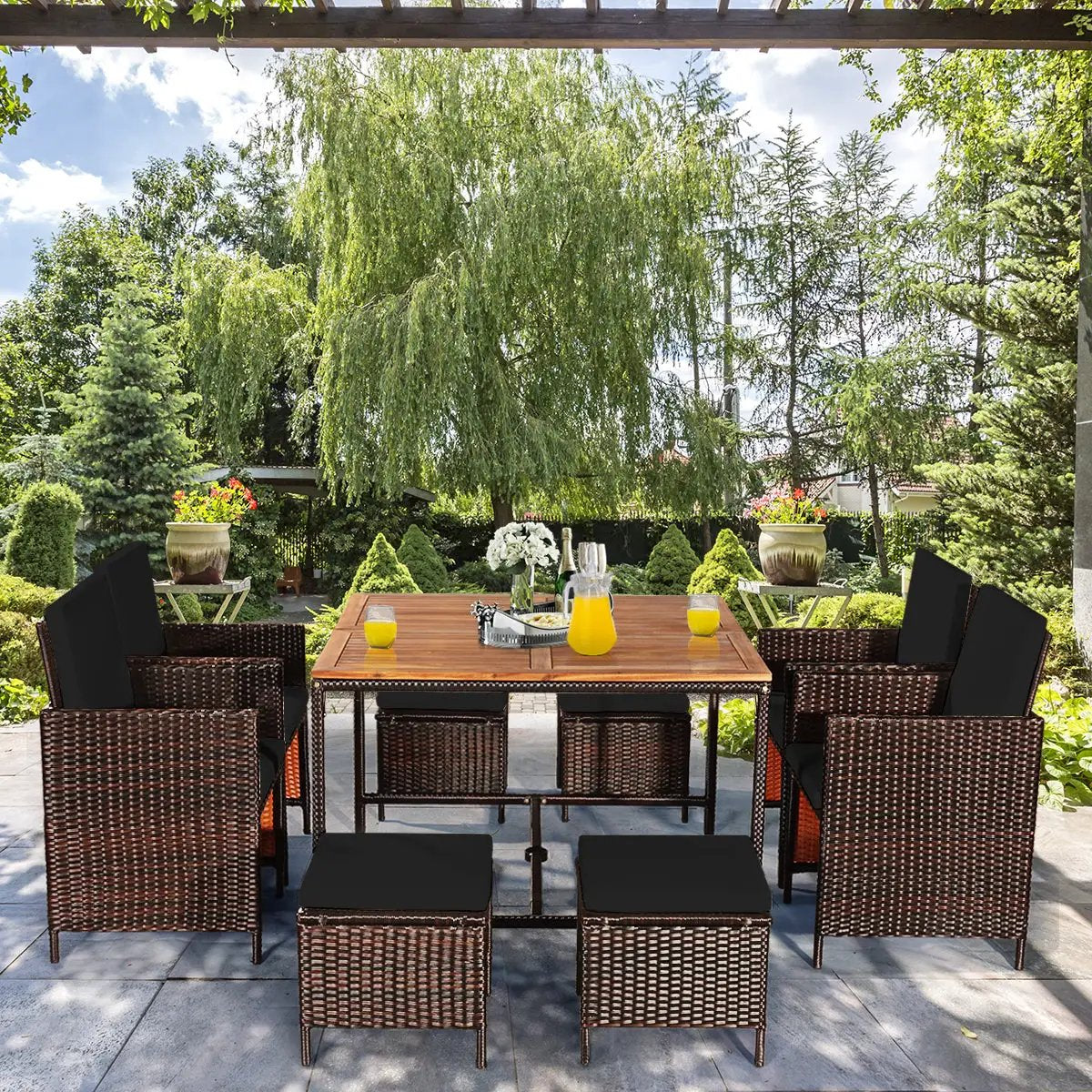 9 Pieces Patio Rattan Dining Cushioned Chairs Set by DirectDeals
