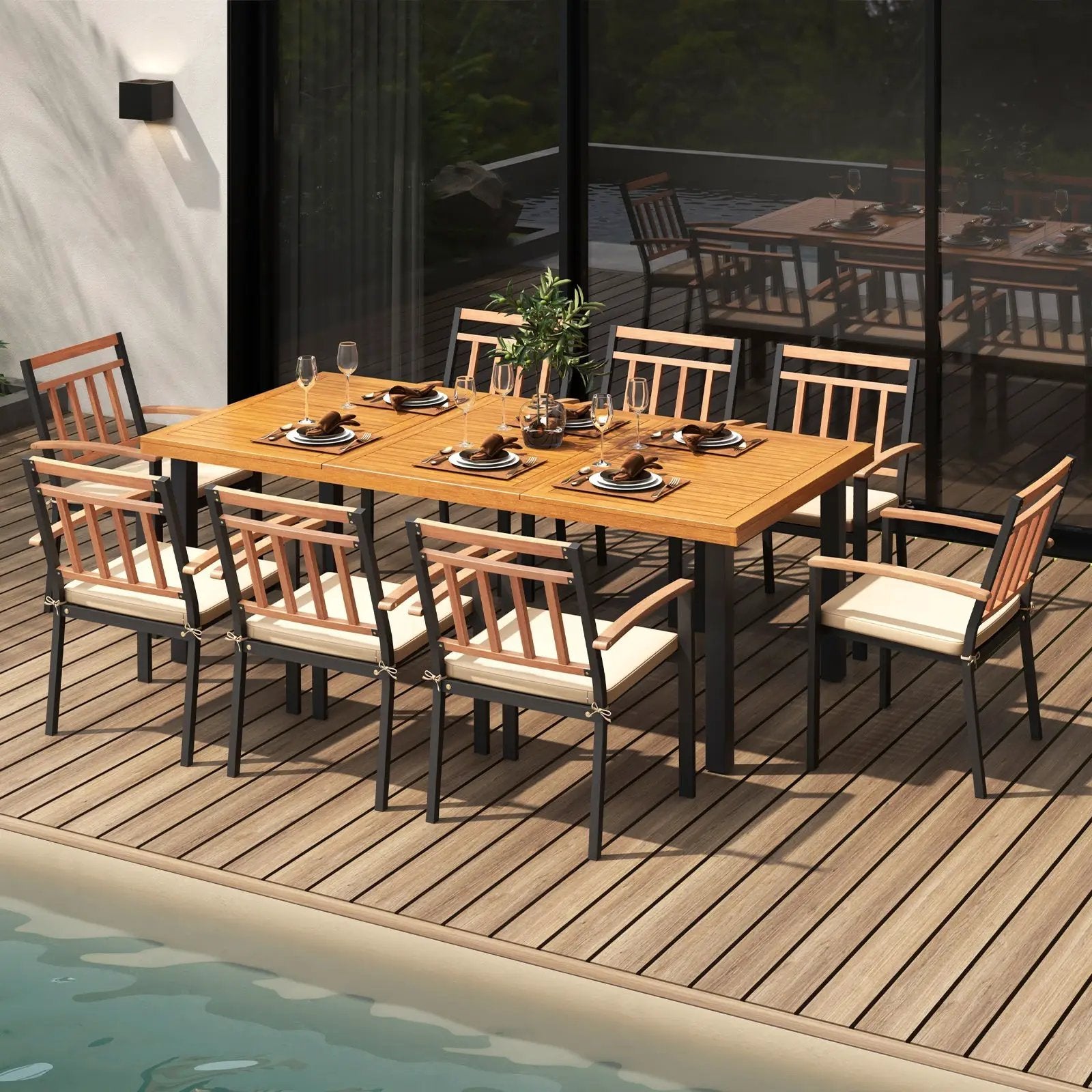9 Pieces Patio Dining Set 39.5 Inch Acacia Wood Table with Umbrella Hole and 24-Inch Wide Chairs by DirectDeals