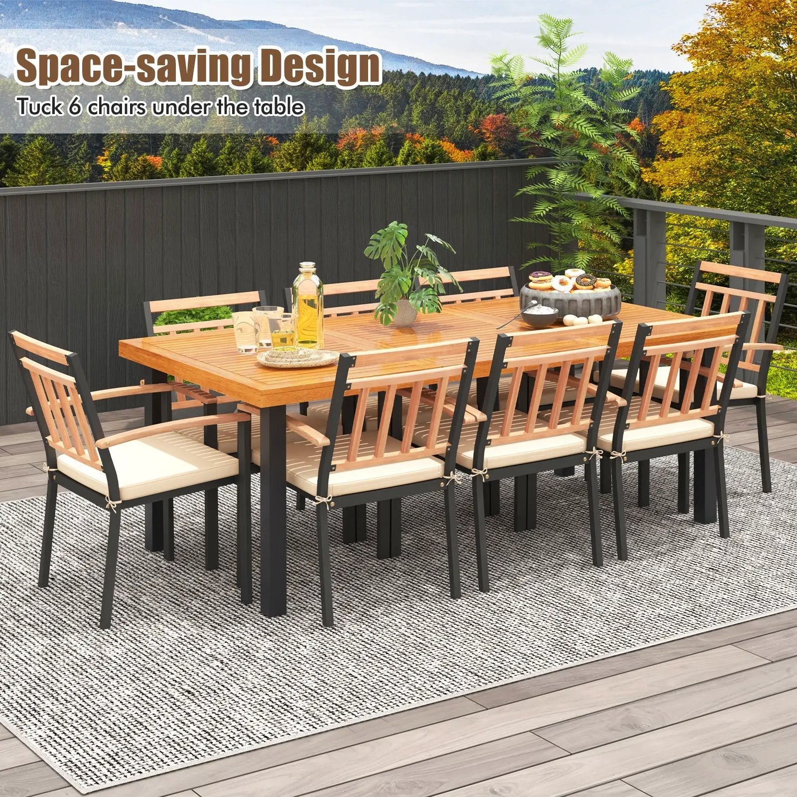 9 Pieces Patio Dining Set 39.5 Inch Acacia Wood Table with Umbrella Hole and 24-Inch Wide Chairs by DirectDeals