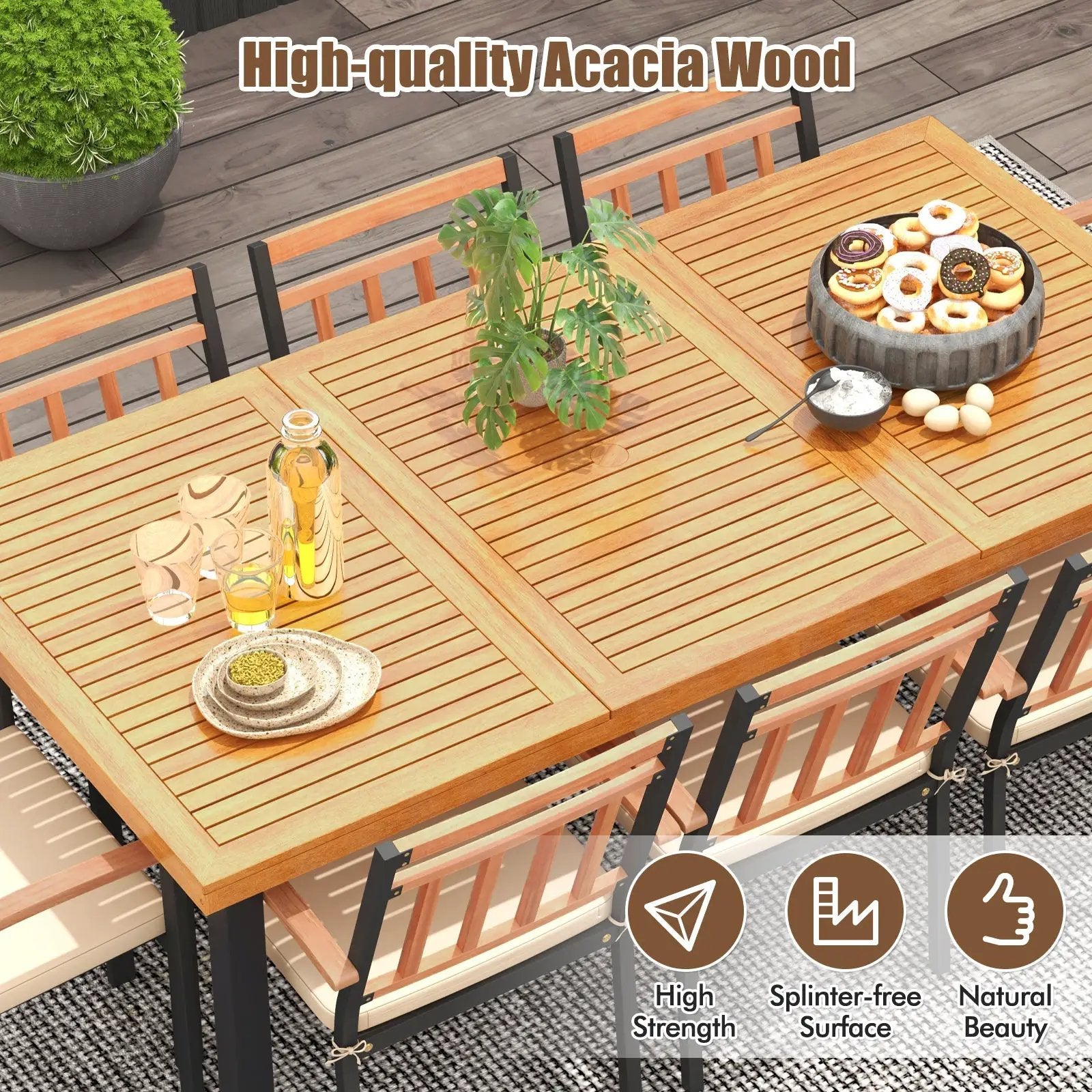 9 Pieces Patio Dining Set 39.5 Inch Acacia Wood Table with Umbrella Hole and 24-Inch Wide Chairs by DirectDeals