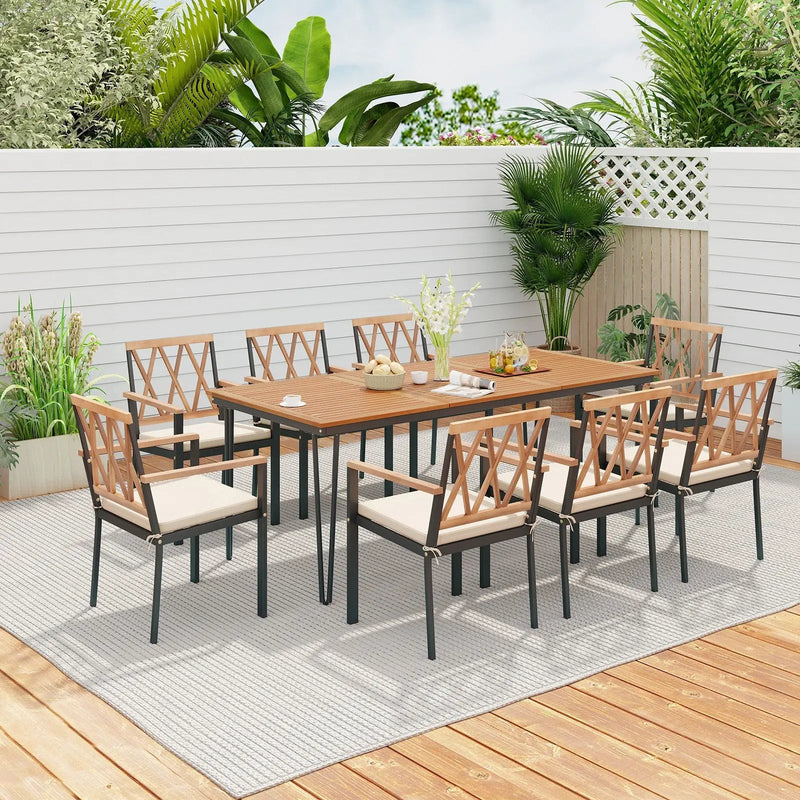 9-Piece Patio Dining Set 35.5 Inch Acacia Wood Table with Umbrella Hole and 22.5-Inch Wide Chairs by DirectDeals