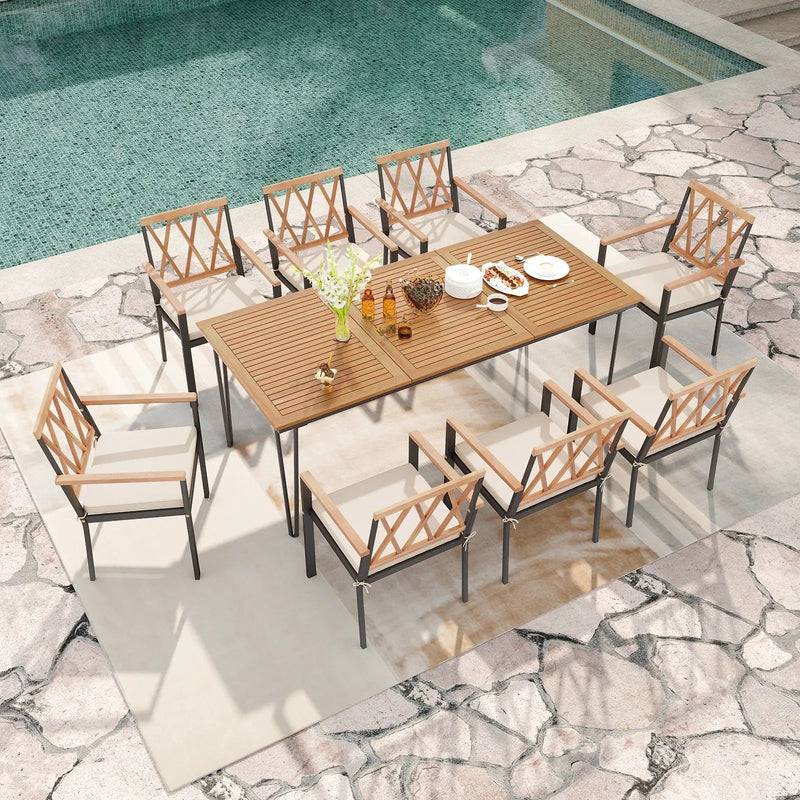 9-Piece Patio Dining Set 35.5 Inch Acacia Wood Table with Umbrella Hole and 22.5-Inch Wide Chairs by DirectDeals
