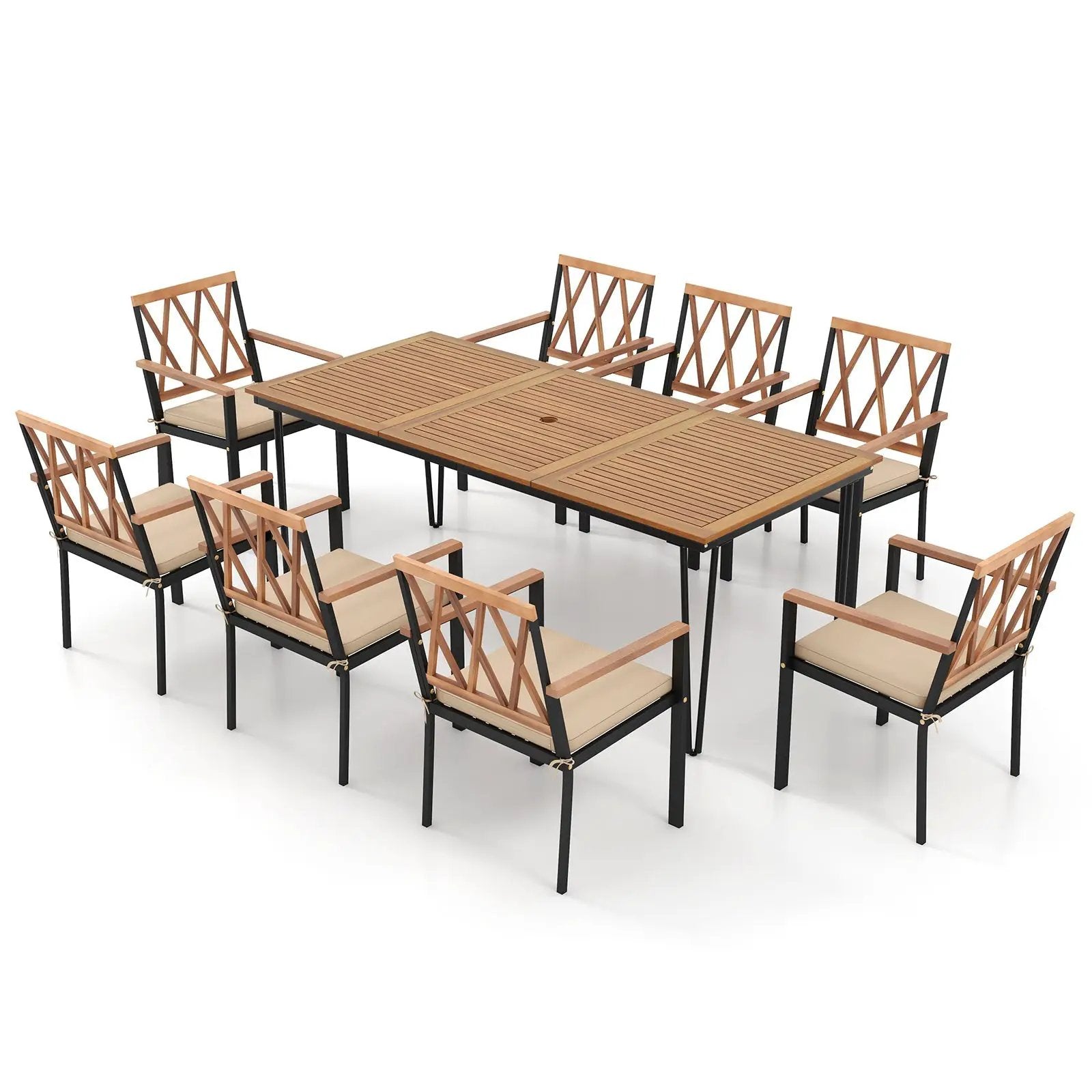 9-Piece Patio Dining Set 35.5 Inch Acacia Wood Table with Umbrella Hole and 22.5-Inch Wide Chairs by DirectDeals