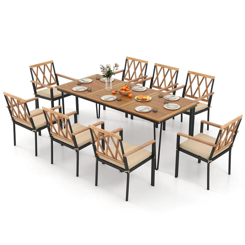 9-Piece Patio Dining Set 35.5 Inch Acacia Wood Table with Umbrella Hole and 22.5-Inch Wide Chairs by DirectDeals