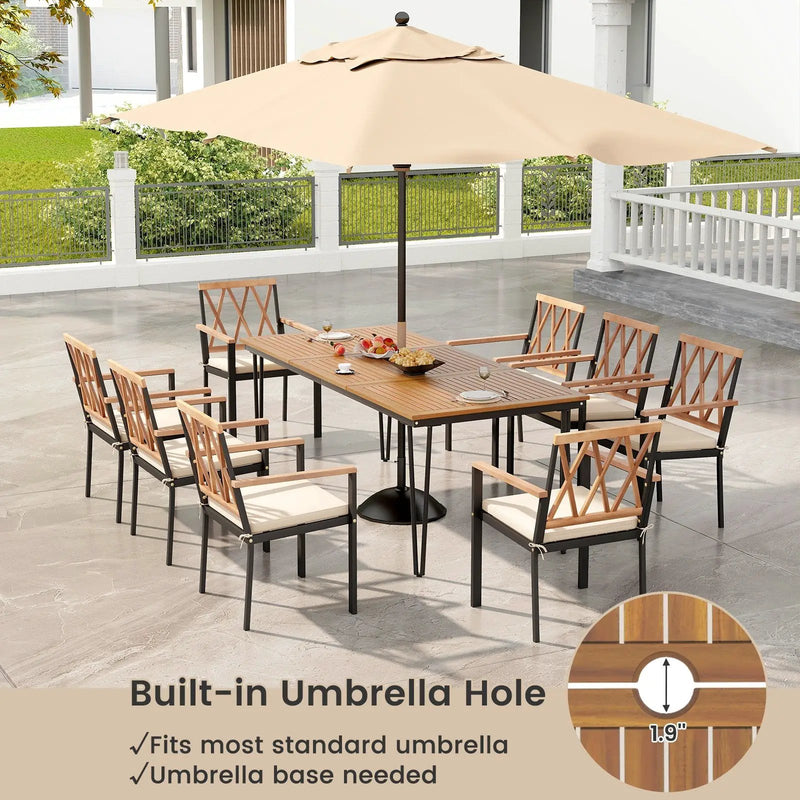 9-Piece Patio Dining Set 35.5 Inch Acacia Wood Table with Umbrella Hole and 22.5-Inch Wide Chairs by DirectDeals