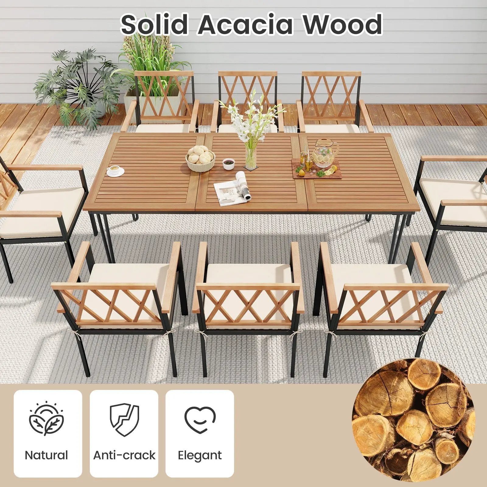 9-Piece Patio Dining Set 35.5 Inch Acacia Wood Table with Umbrella Hole and 22.5-Inch Wide Chairs by DirectDeals