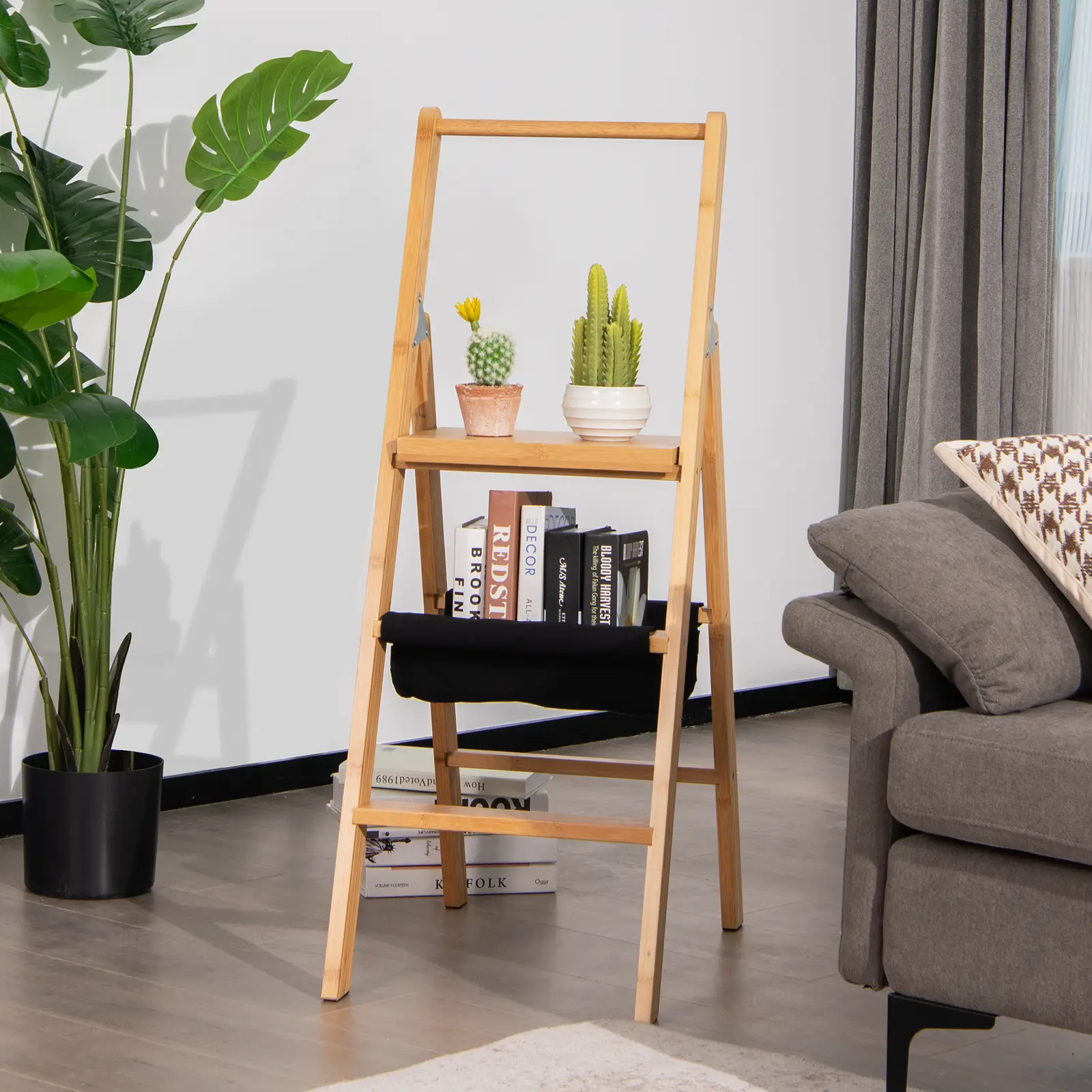 3 Step Foldable Bamboo Step Ladder Stool with Tool Storage Bag-Natural by DirectDeals