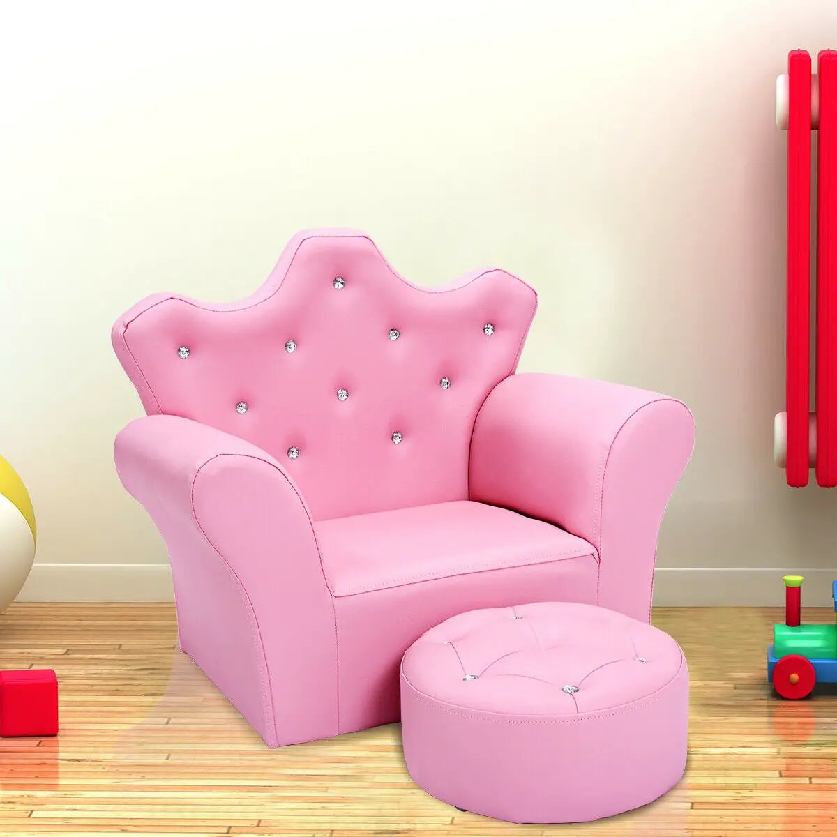 Children Upholstered Princess Sofa with Ottoman and Diamond Decoration for Boys and Girls by DirectDeals
